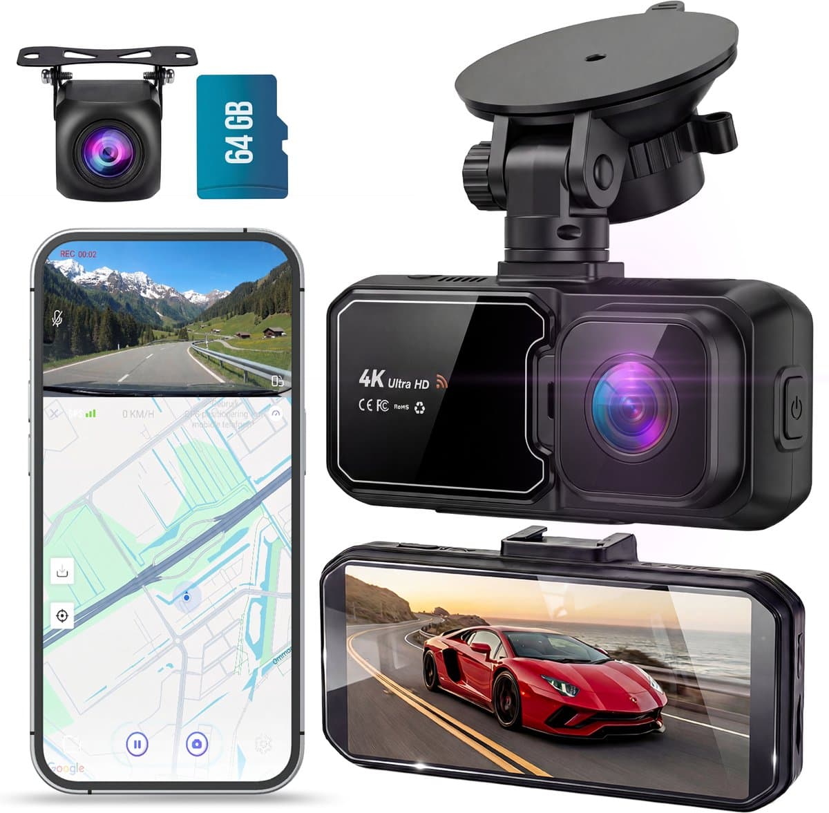 Senzo Dashcam - Voor Auto - 4K Ultra HD - Voor & Achter - Wifi & GPS - Nachtzicht - G-Sensor - Met Parkeerbewaking - Met App - 64GB (EAN: 8721264321176)