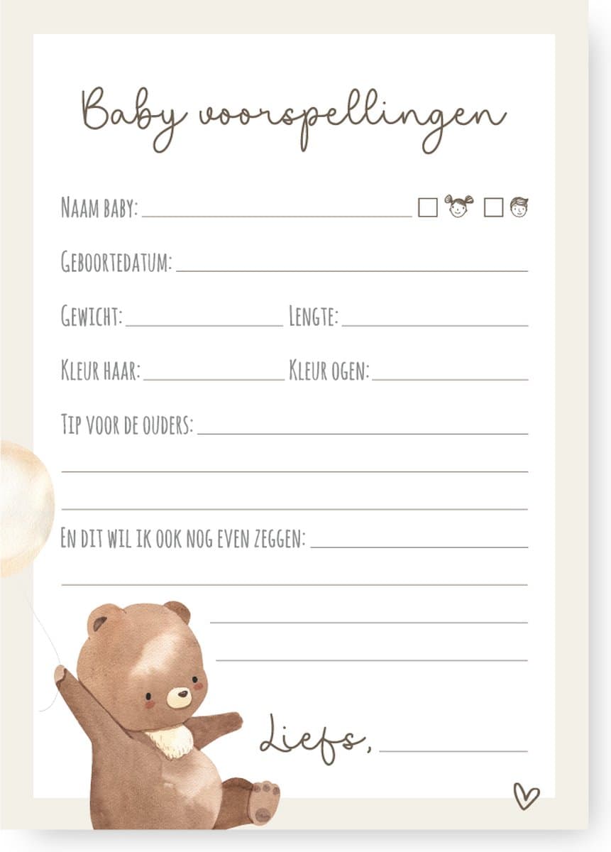 Unieke Ukkies Babyshower invulkaarten Bear - 25 stuks - A6 formaat (EAN: 8721202230003)