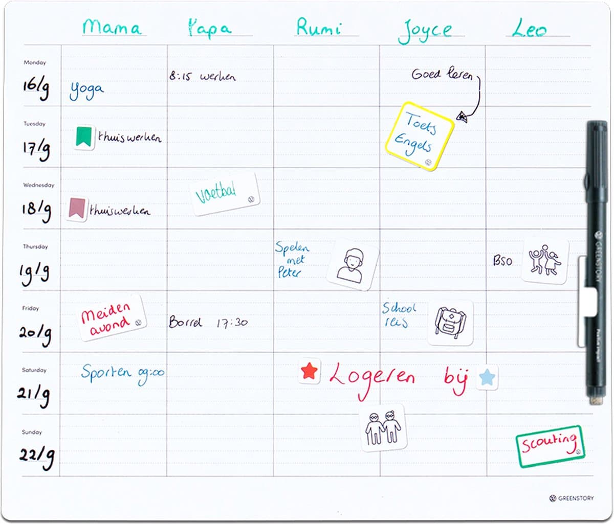 GreenStory - Familie Week Planbord - 5 personen - Familieagenda - M - Sticky Whiteboard - met Sticky Pen (EAN: 5060574183757)