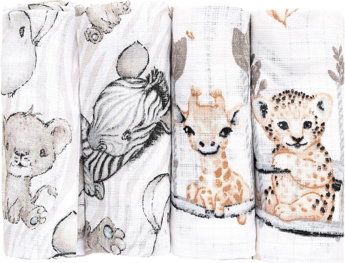FENSILO Hydrofiele Luiers – 4 Pack – 100% Katoen – 70x80 cm – Hydrofiele doeken - Grijs, Wit, Beige met Dierenmotief, leeuw, olifant, giraffe, zebra en cheetah (EAN: 8719992585755)