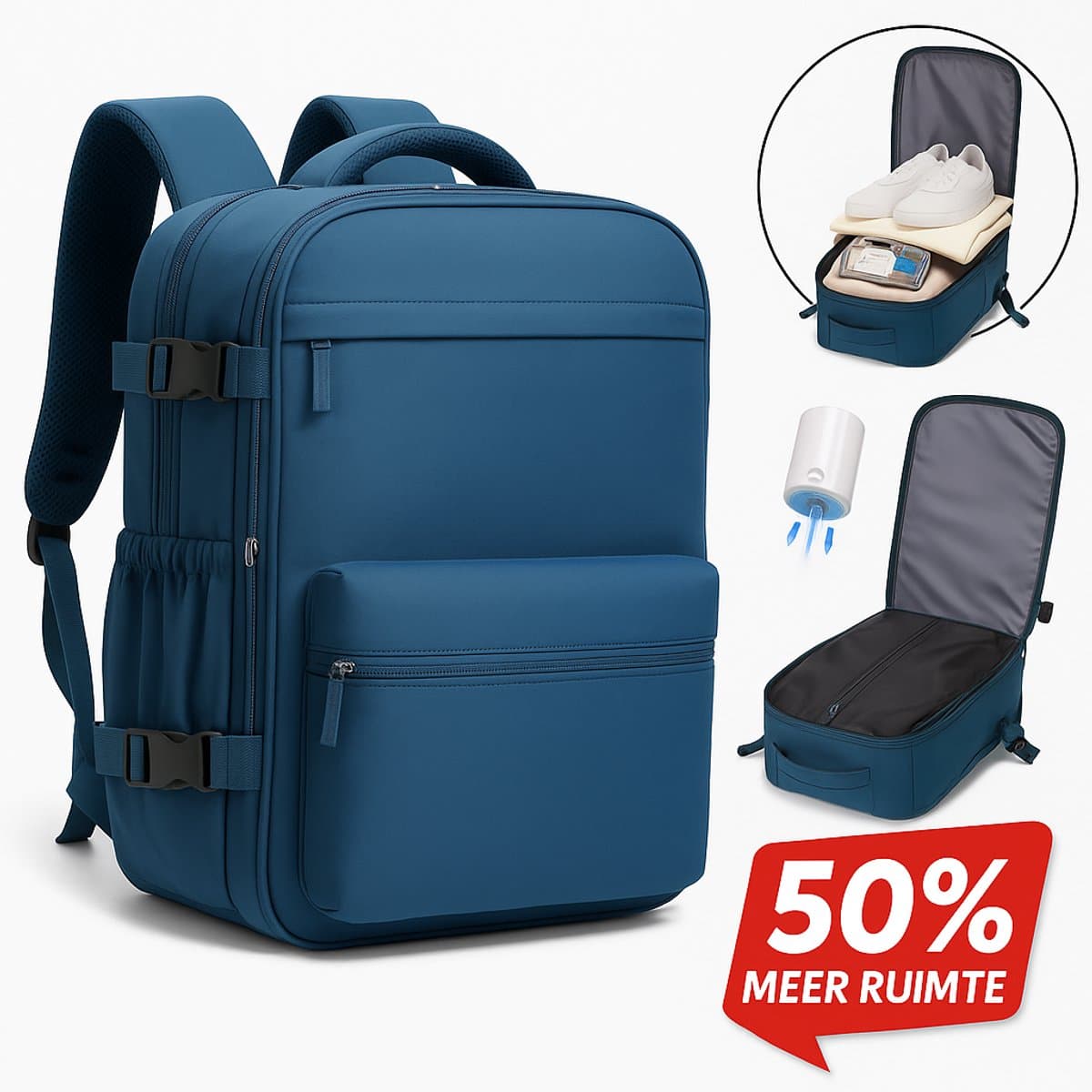 Vacuüm Rugzak – Reis Rugtas voor Vliegtuig – Vacuum Compressie – Neem 50% Meer Mee – Waterafstotend – Blauw – VacuBag (EAN: 8717489205315)