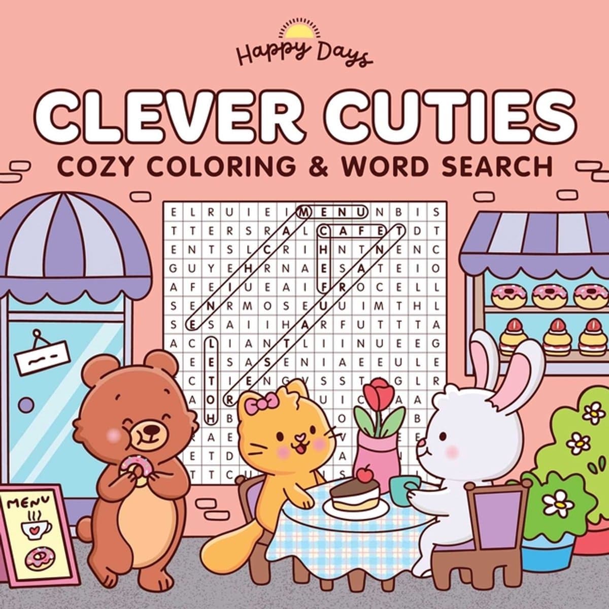 Happy Days Cozy Coloring- Clever Cuties: Cozy Coloring & Word Search BookSweet and Simple Coloring & Word Search for Adults and Kids (EAN: 9780655244097): 📖 Wat is er in het boek