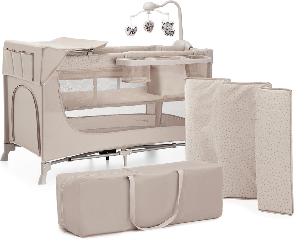 Kinderkraft JOY 2 ACC Reisbed 3-in-1 – Voor baby's tot 15 kg – Snel inklapbaar – Inclusief speelcarrousel, luierplateau, aankleedonderlegger en draagtas – Beige (EAN: 5902533925162)
