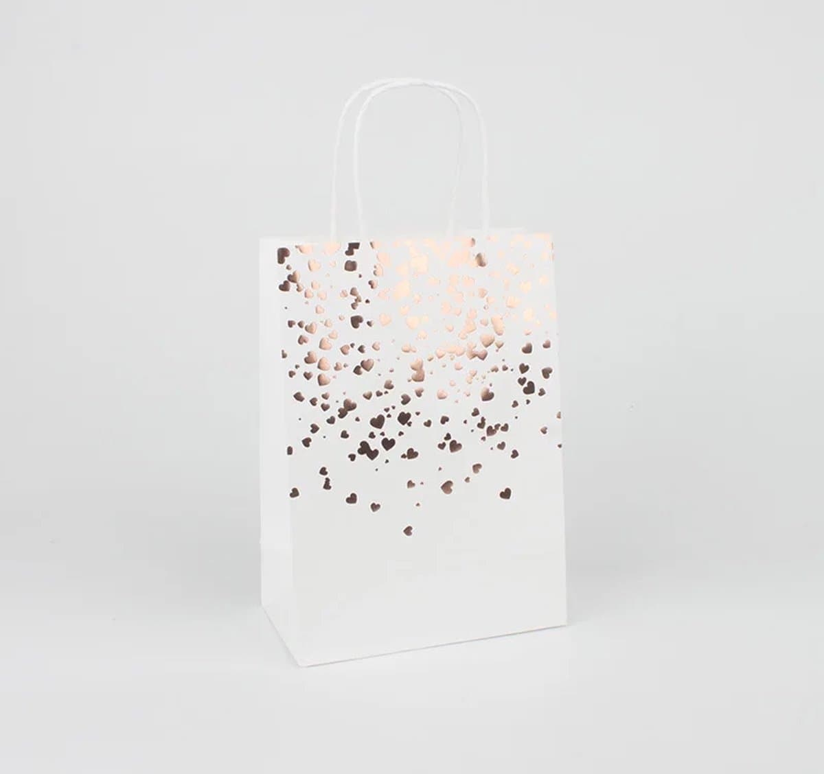 Papieren Tasjes Wit met Hartjes- 5 stuks - Uitdeel Tasjes - Rose Gold - Rose Goud - Feest - Bruiloft - Chique - Gift Tasjes - Cadeau Tasjes - Kinderfeestje Tasjes - Gift Bag - Kado Tasjes - Uitdeel Zakjes - Luxe Gift Bags - Cadeau - Tasje Met Hand...