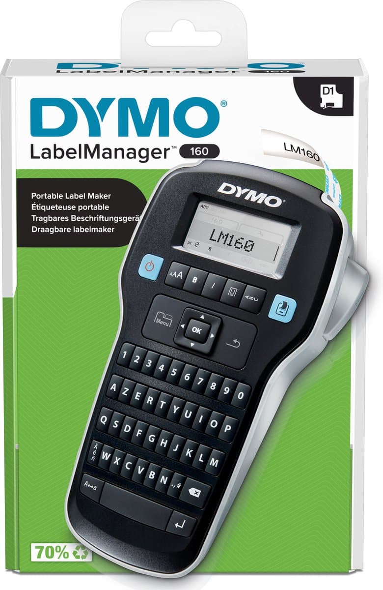 DYMO LabelManager 160-labelmaker | Draagbare labelprinter met AZERTY-toetsenbord | Inclusief zwart-wit D1-labeltape (12 mm) | Voor thuis en op kantoor (EAN: 3501170946350)