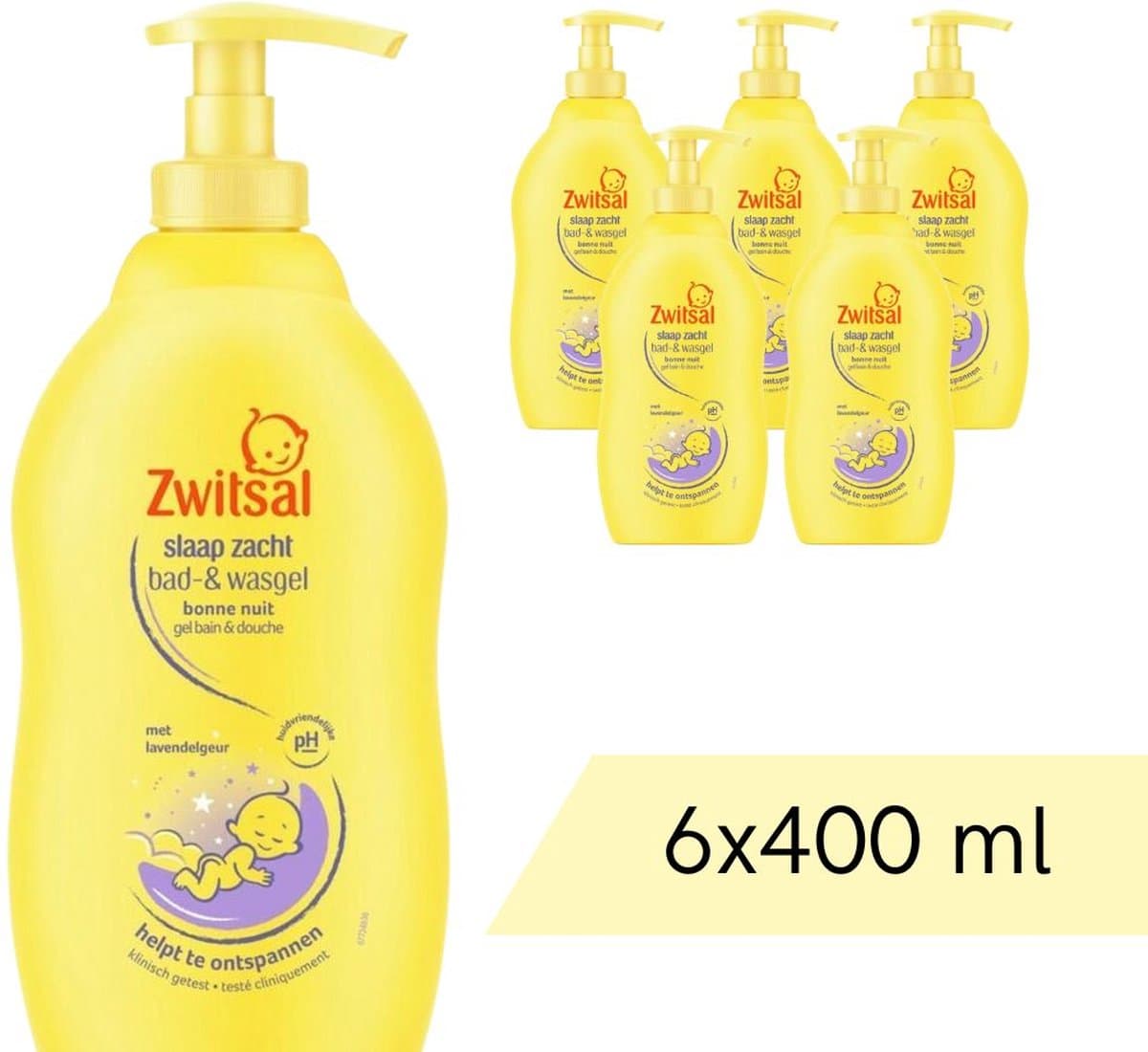 Voordeelverpakking: 6x Zwitsal Bad & Wasgel - Pompje - Slaap Zacht Lavendel - 400 ml (EAN: 8720679833434)