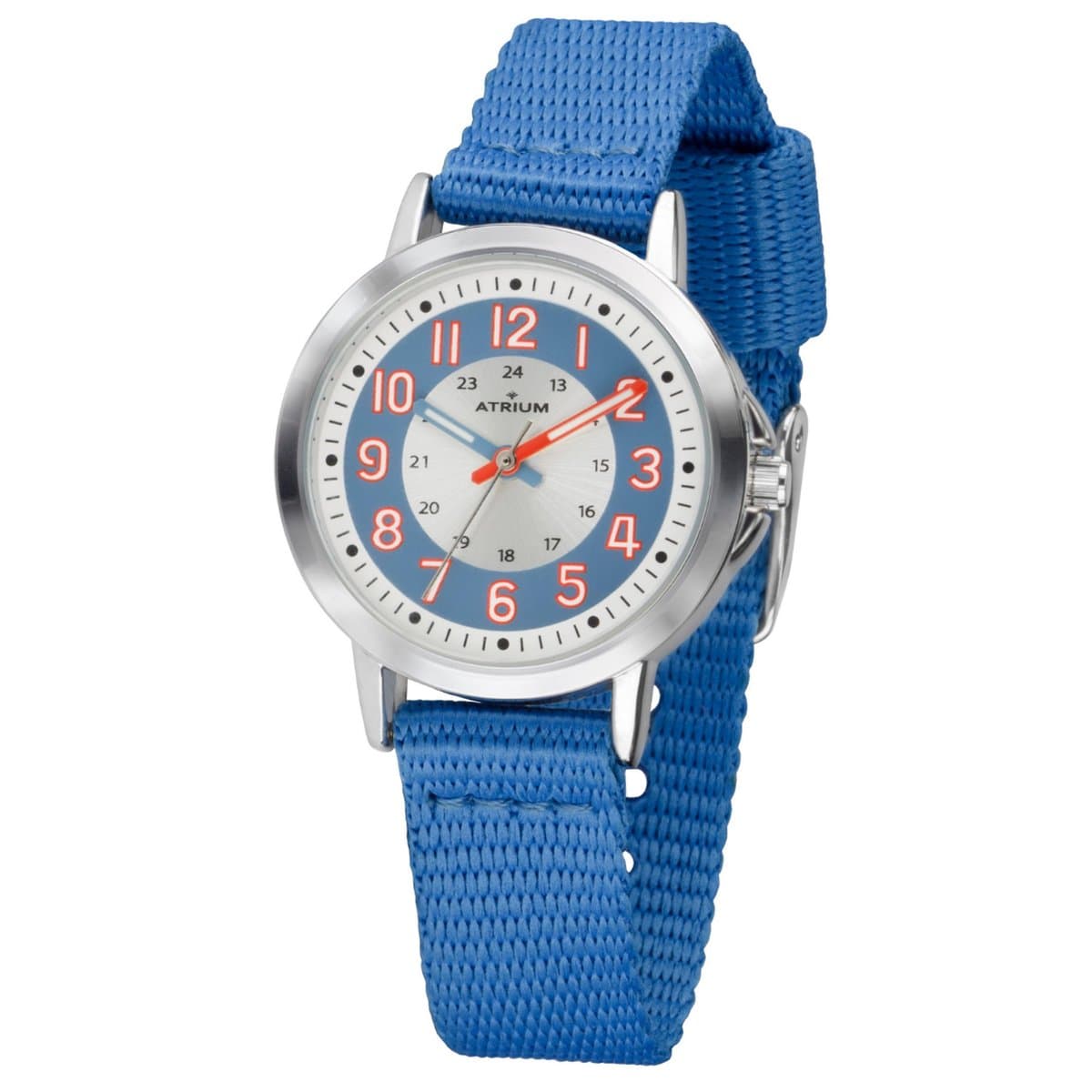 ATRIUM - Horloge Kind - Kinderhorloge Jongens - Meisjes - Blauw & Zilverkleurig - Analoog - 3 Bar Waterdicht - Leercijferblad - Verstelbaar Nylon Bandje ( 13 - 17 cm) - Leren - Duidelik - Quartz Uurwerk - Edelstalen Sluiting - A46-12 (EAN: 4037921...