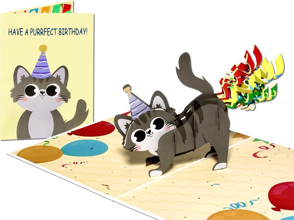 Popcards popupkaarten - Supergrappige verjaardagskaart met spinnende confetti poes Gefeliciteerd met je Verjaardag pop-up kaart 3D wenskaart (EAN: 8785253684772)