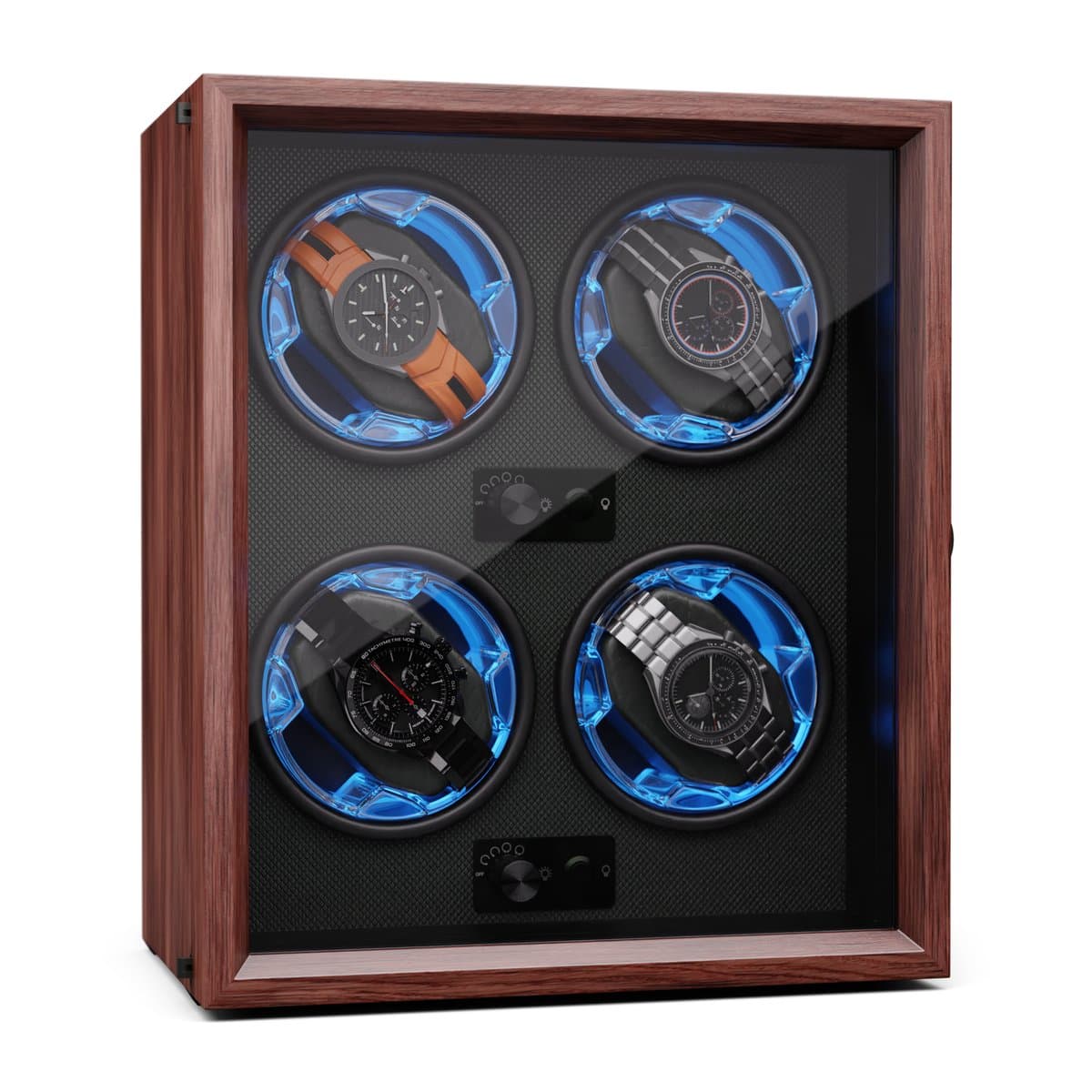 Klarstein watchwinder voor automatische horloges, automatische watchwinder voor 4 horloges, automatische watchwinder met acryl kijkvenster, automatische watchwinder, blauwe leds, watchwinder met 4 TPD instellingen (EAN: 4060656523083)