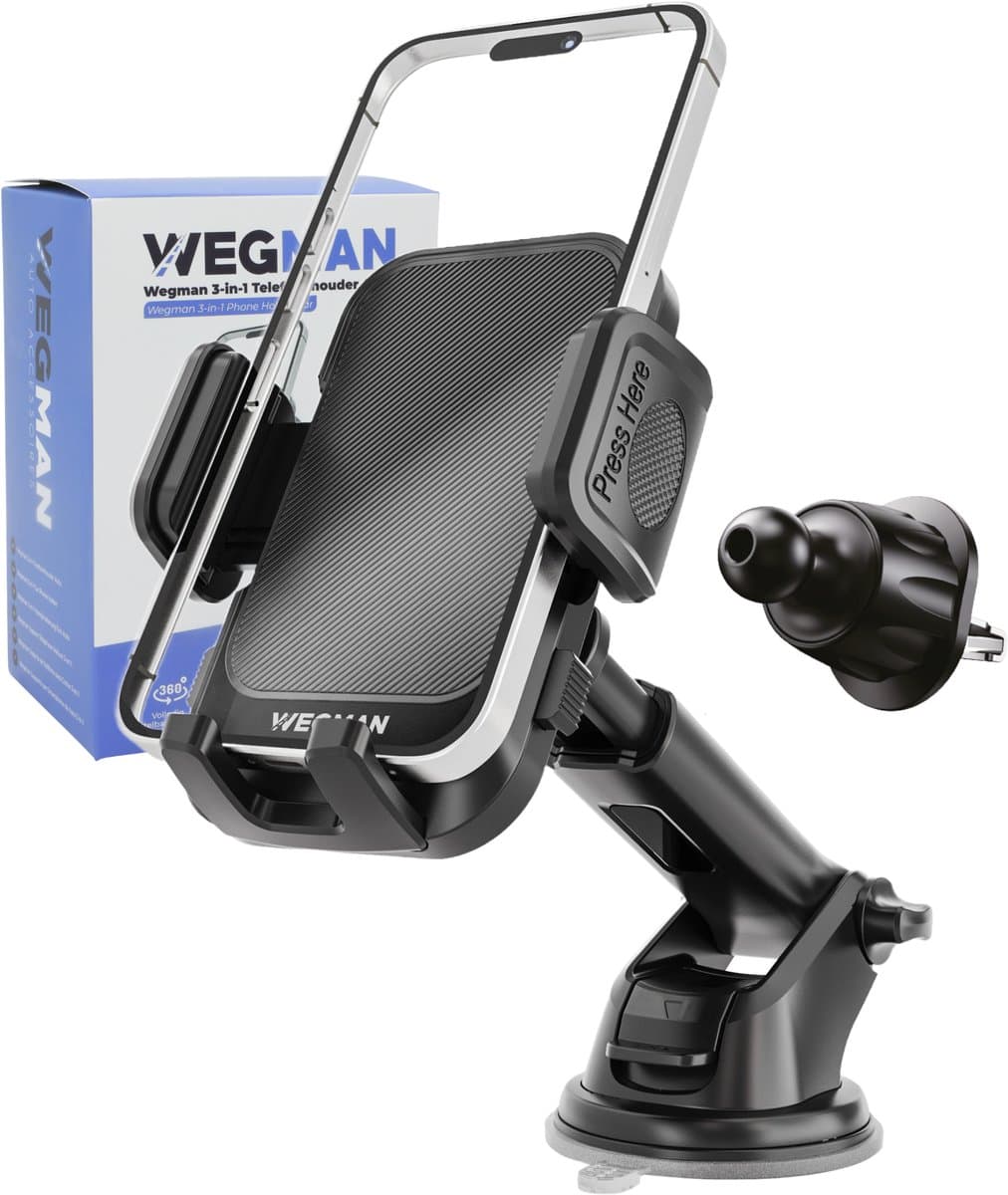Wegman Telefoonhouder Auto Ventilatie en Zuignap 3-in-1 - Voor Dashboard Raam en Ventilatierooster - Autohouder voor alle Telefoons - Telefoonhouders Auto - GSM Mobiel Houder - Auto Accessories - Zwart (EAN: 8720892577467): 🧠 Wat is dit precies