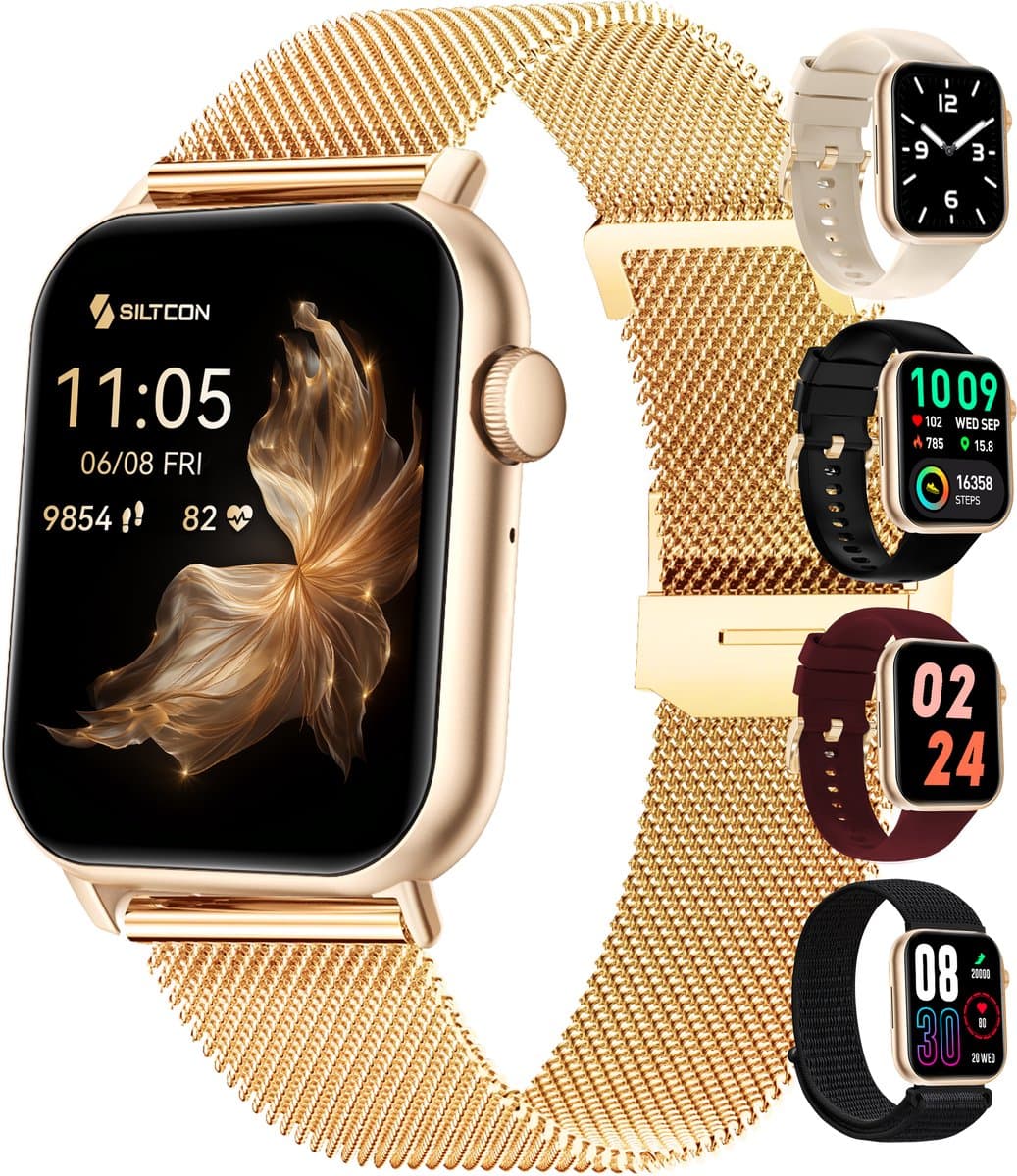 Siltcon® Seréa Smartwatch Dames - Horloge Dames - Stappenteller Horloge Dames - Hartslagmeter - Slaapmonitor - Saturatiemeter - Geschikt voor iOS/Android - AMOLED - RVS - Elke pols - Incl. 5 Bandjes (EAN: 8721398747088)