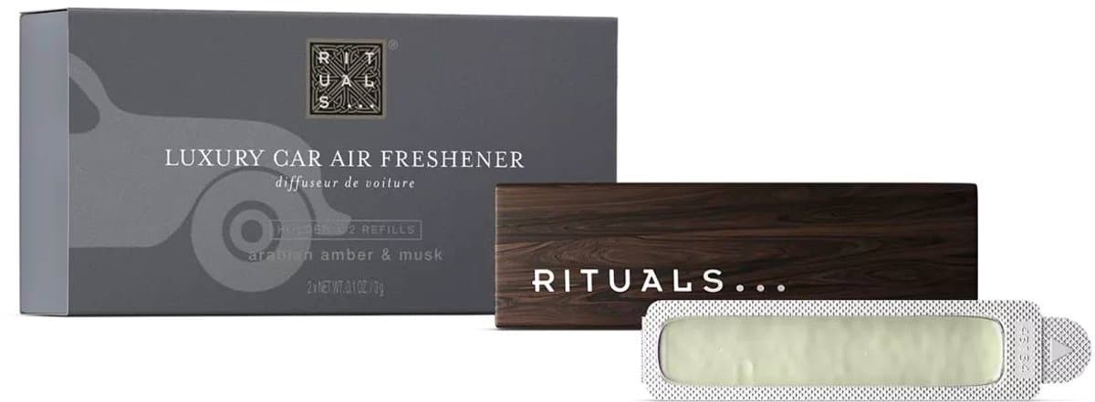 Rituals - Auto Parfum - 2x Auto Luchtverfrisser Refills 3 gram + 1x Houten Houder voor Luchtverfrisser - Homme - Autoparfum - Car Perfume - Refill - Navulling - Heren - Man - Mannen (EAN: 8719134023688)