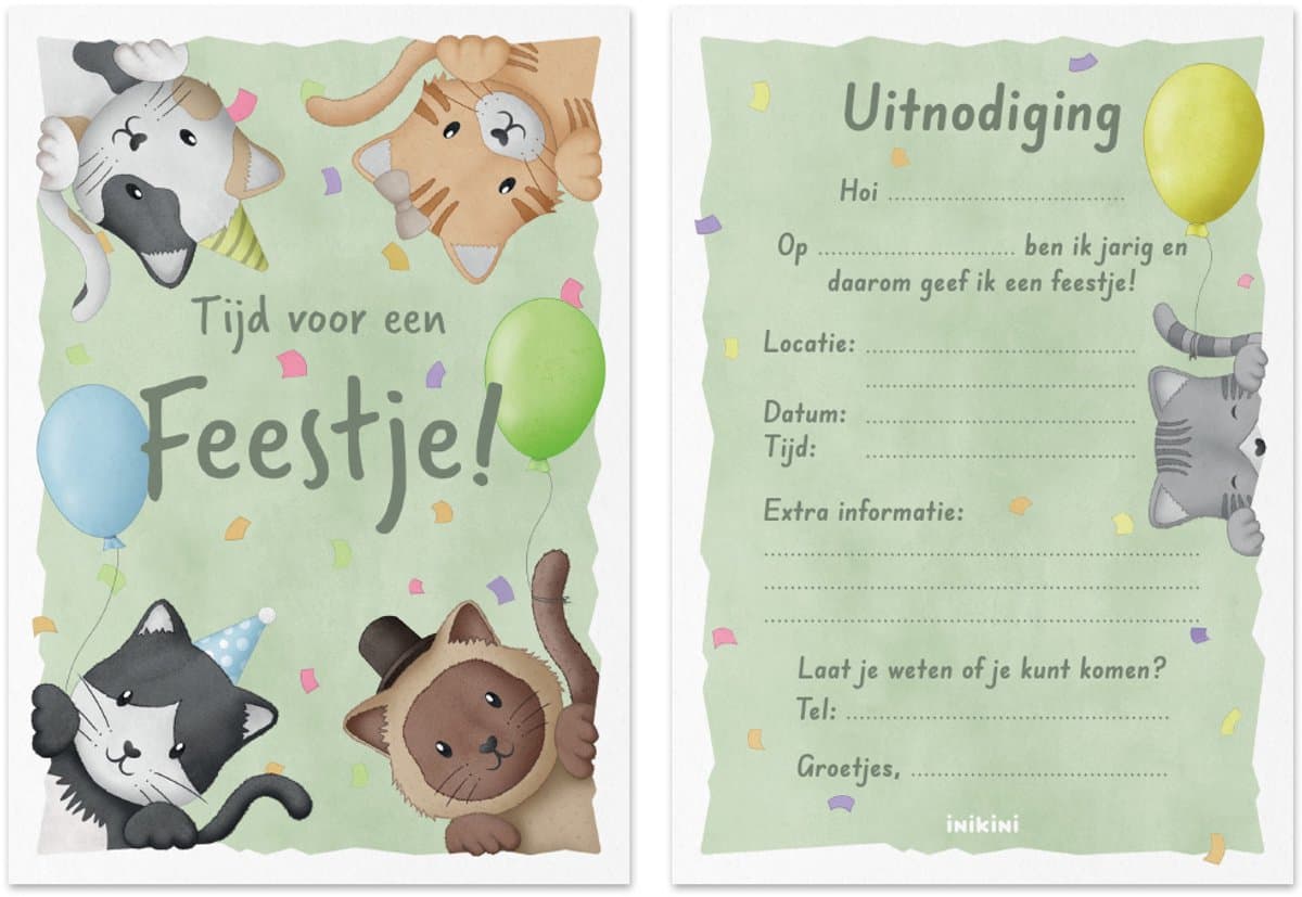 Uitnodiging Kinderfeestje - Verjaardag - Set van 8 - kinderverjaardag - Verjaardagsfeestje - Verjaardagskaarten - Dieren - uitnodigingskaarten - Katten - Poesjes - Invulkaarten - inikini (EAN: 8721161660101): Wat zit erin Een beetje magisch in een...