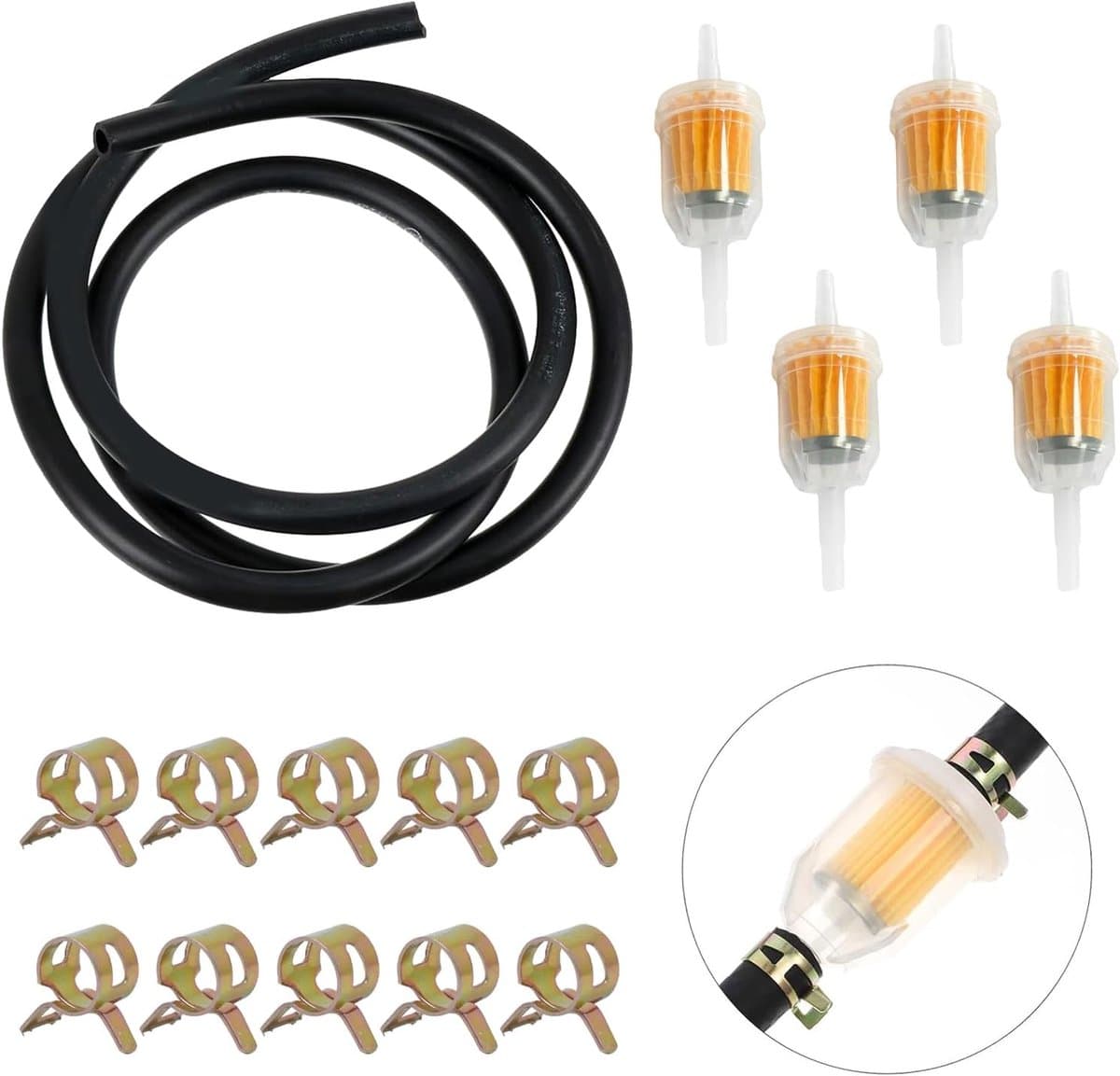 4x Benzinefilter 10 cm - Benzinefilter - Benzinefilter inline met 5mm en 8mm slangaansluiting - Met 2 Meter Benzineslang En 10 Stuks Slangklemmen - Transparant - Brandstofgasleiding Kit voor Auto, Scooters, Grasmaaiers - 15-Delige Set (EAN: 931852...