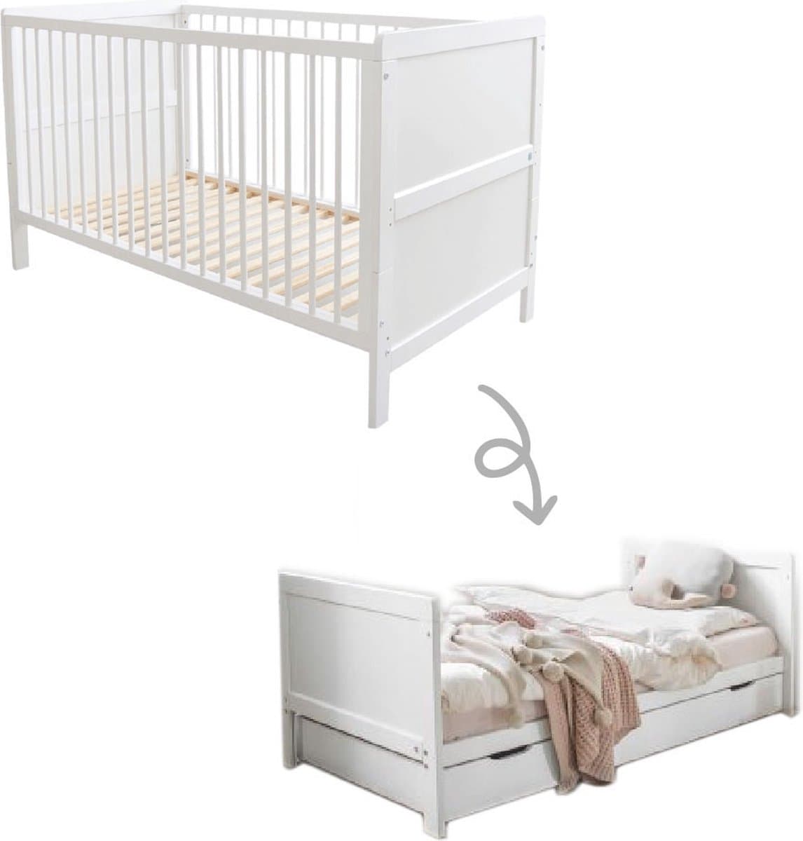 Petite Amélie Meegroeibed Wit 140x70 cm – Babybed 3-in-1 – Van Ledikant tot Peuterbed (EAN: 8720828245378): Wat is het eigenlijk precies