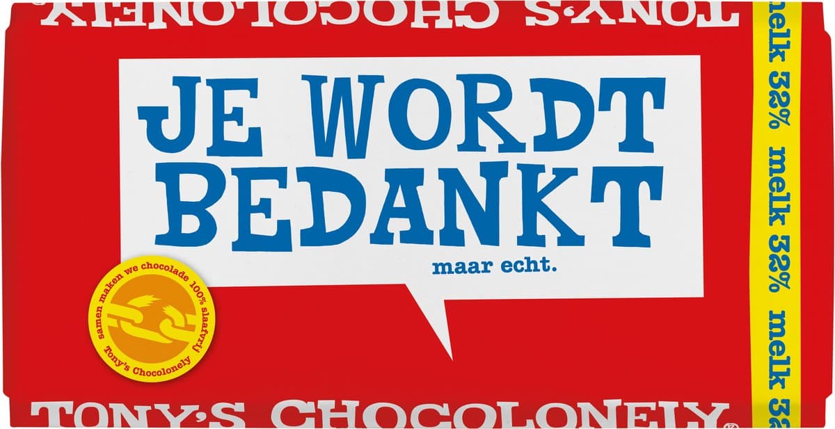 Tony's Chocolonely chocoladereep Melk Bedankt - 15 x 180 Gram (EAN: 8719956493065)