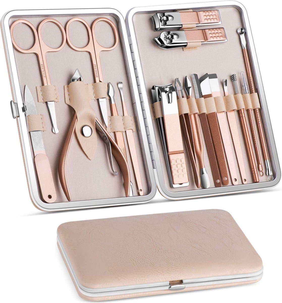 JC's - 18-delige Professionele Manicure Set & Pedicureset met Nagelvijl & Nageltang – Nagelset met Nagelschaartje & Huidverzorging – Manicure Etui - Nagelknipper - behandeling nagels en huid (EAN: 8718819131557)