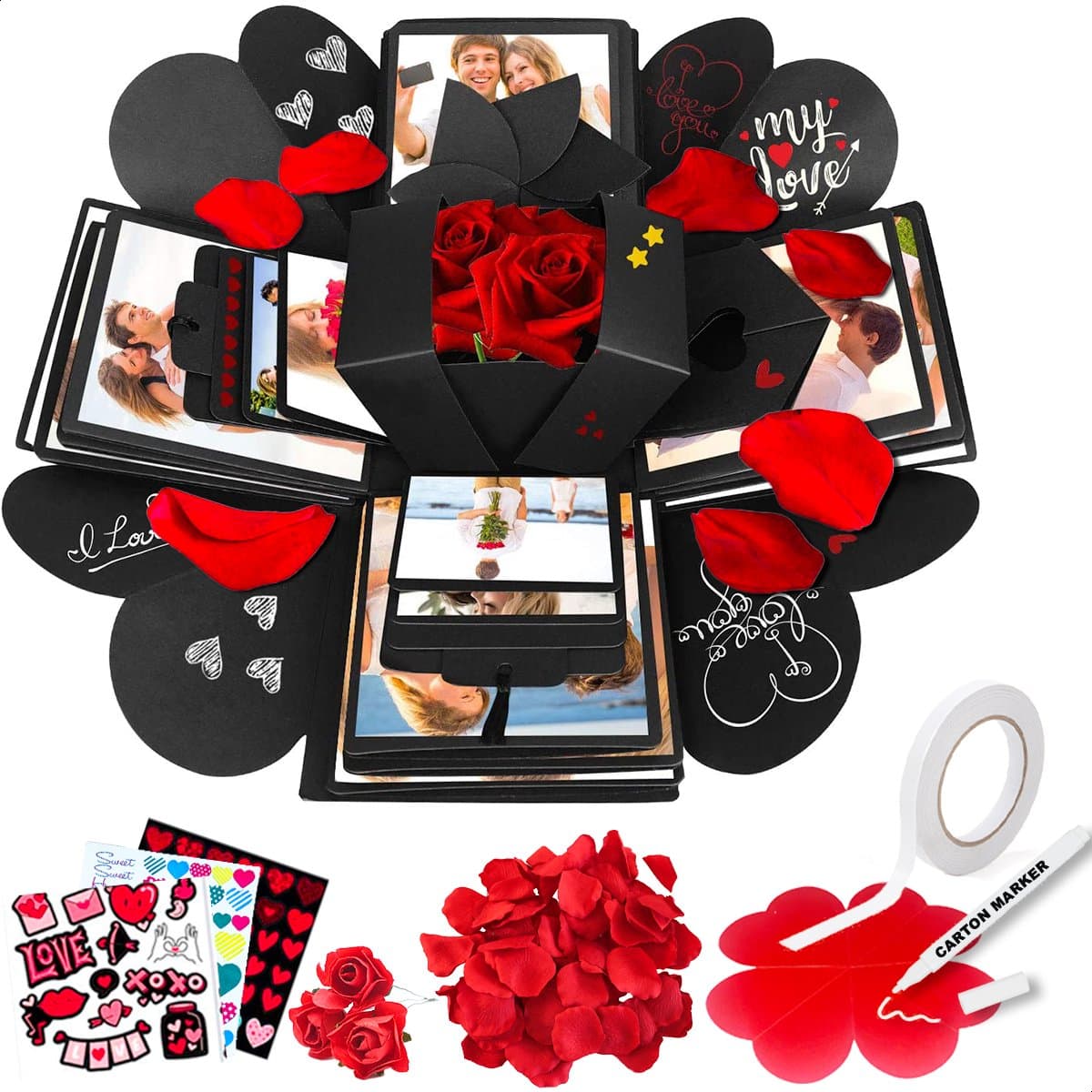 AWEMOZ Explosion Love Box - Foto box - Mystery Box - Unieke Geschenkdoos - Explosie box - Foto Doos - Knutselen - Incl. Stickervellen, Rozenblaadjes & andere Accessoires (EAN: 8720174772375): 📦 Wat zit er precies in die “explosie‑doos”