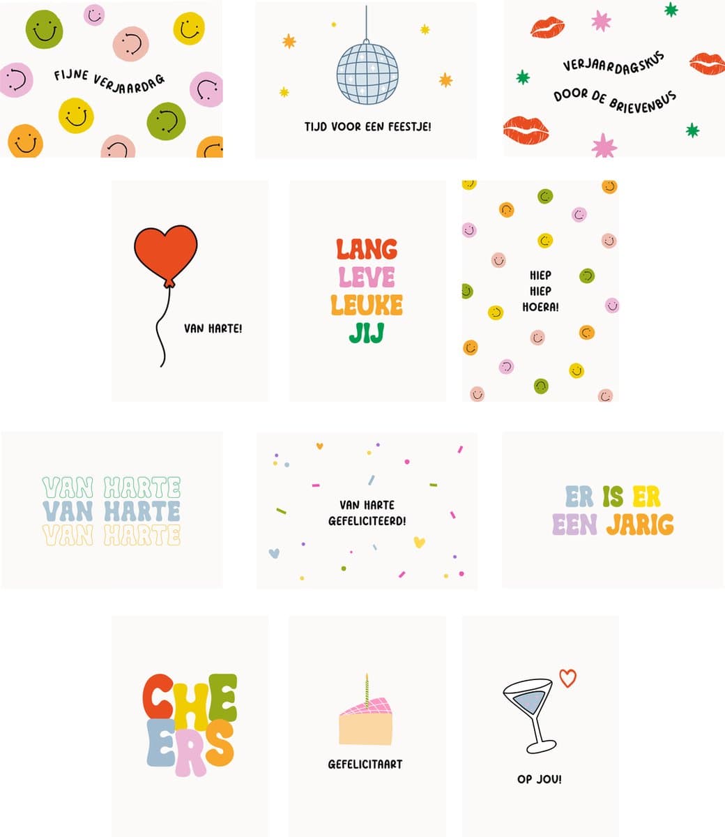 12x hippe gekleurde verjaardagskaartjes (A6) - verjaardagskaarten - kaartjes om te versturen - kaartenset - hippe kaartjes - kaartjes met tekst - wenskaarten - felicitatiekaarten - kaart verjaardag - verjaardagskaart - hippe wenskaarten verjaardag...