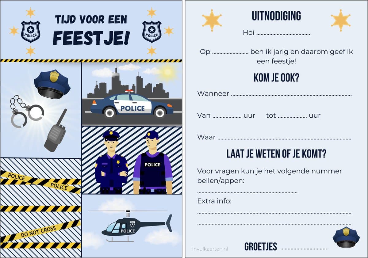 Uitnodiging kinderfeestje | 12 stuks | uitnodigingskaarten | uitnodiging verjaardag | uitnodiging feest | uitnodiging kinderfeestje jongen | uitnodiging kinderfeestje meisje | uitnodiging feestje | uitnodiging kinderfeestje prinses | politie (EAN:...
