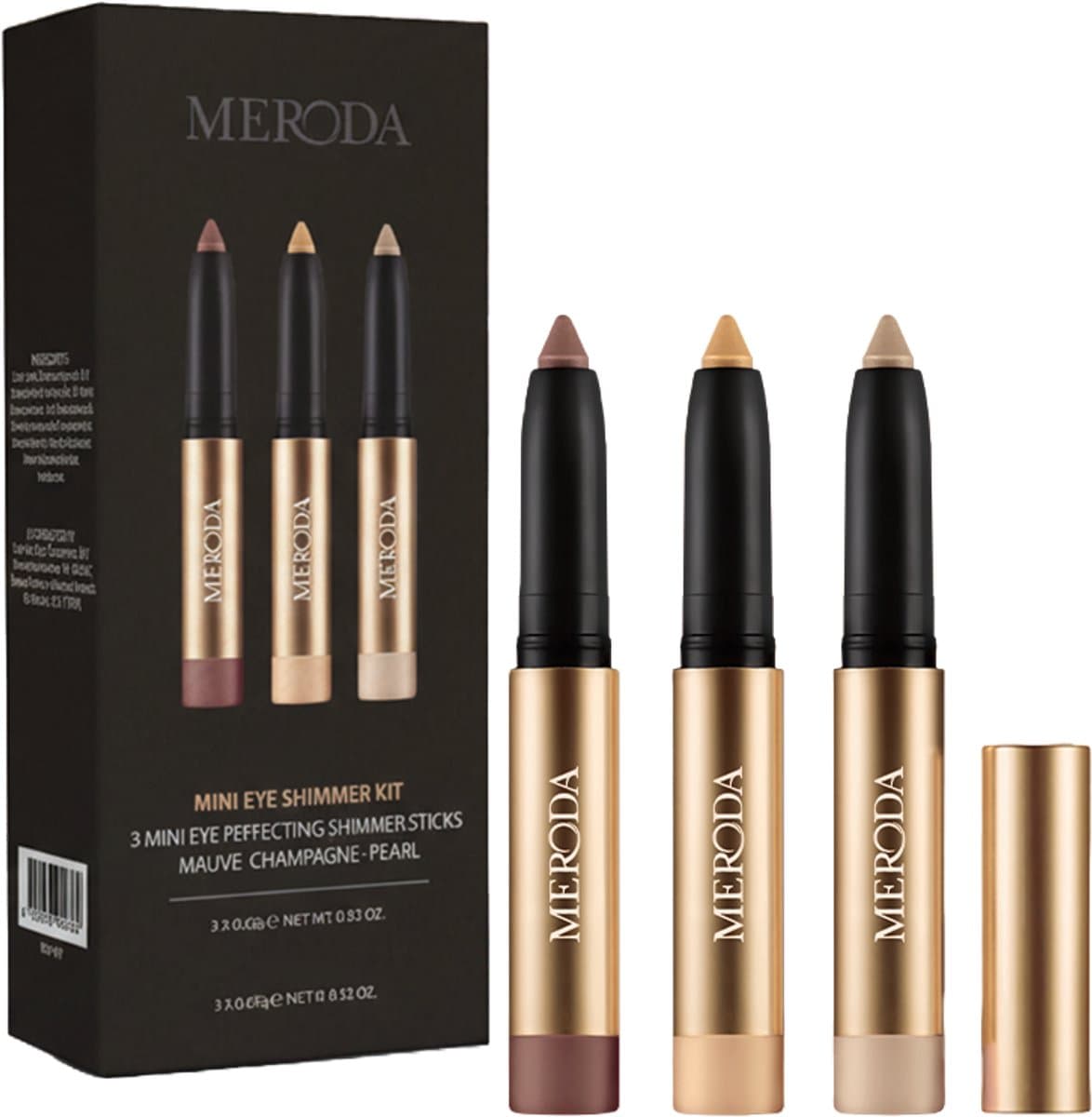 Meroda Mini Eye Shimmer Kit – Oogschaduw & Highlighter Stick Set – 3 Kleuren: Mauve, Champagne & Pearl – Waterproof & Crease-proof – Travel Size (EAN: 8720938990762): Wat is het precies