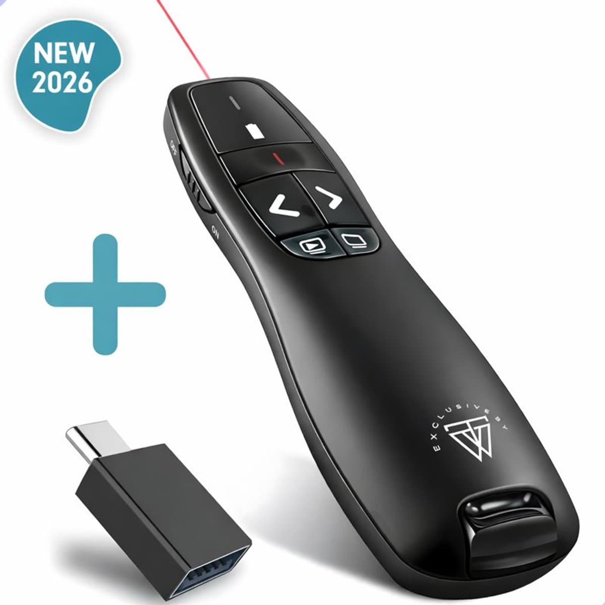 Draadloze Presenter - Presentatie klikker - Wireless Presenter - Powerpoint afstandsbediening - Laser Pointer - Inclusief USB-C Adapter & Opberghoes - Draadloos - USB - Zwart (EAN: 8720387053346)
