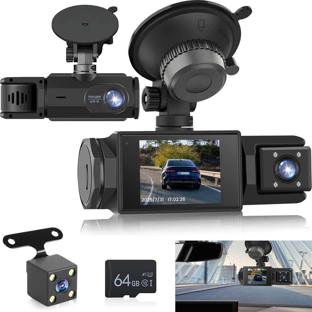 WiFi Dashcam voor Auto – 3-kanaals Draadloze Dashcam met App, Voor Binnenin Achter Camera, Full HD 1080P, 2” IPS-scherm, Nachtzicht, Bewegingsdetectie, Loopopname, 64GB-kaart Inbegrepen (EAN: 0742346048024)