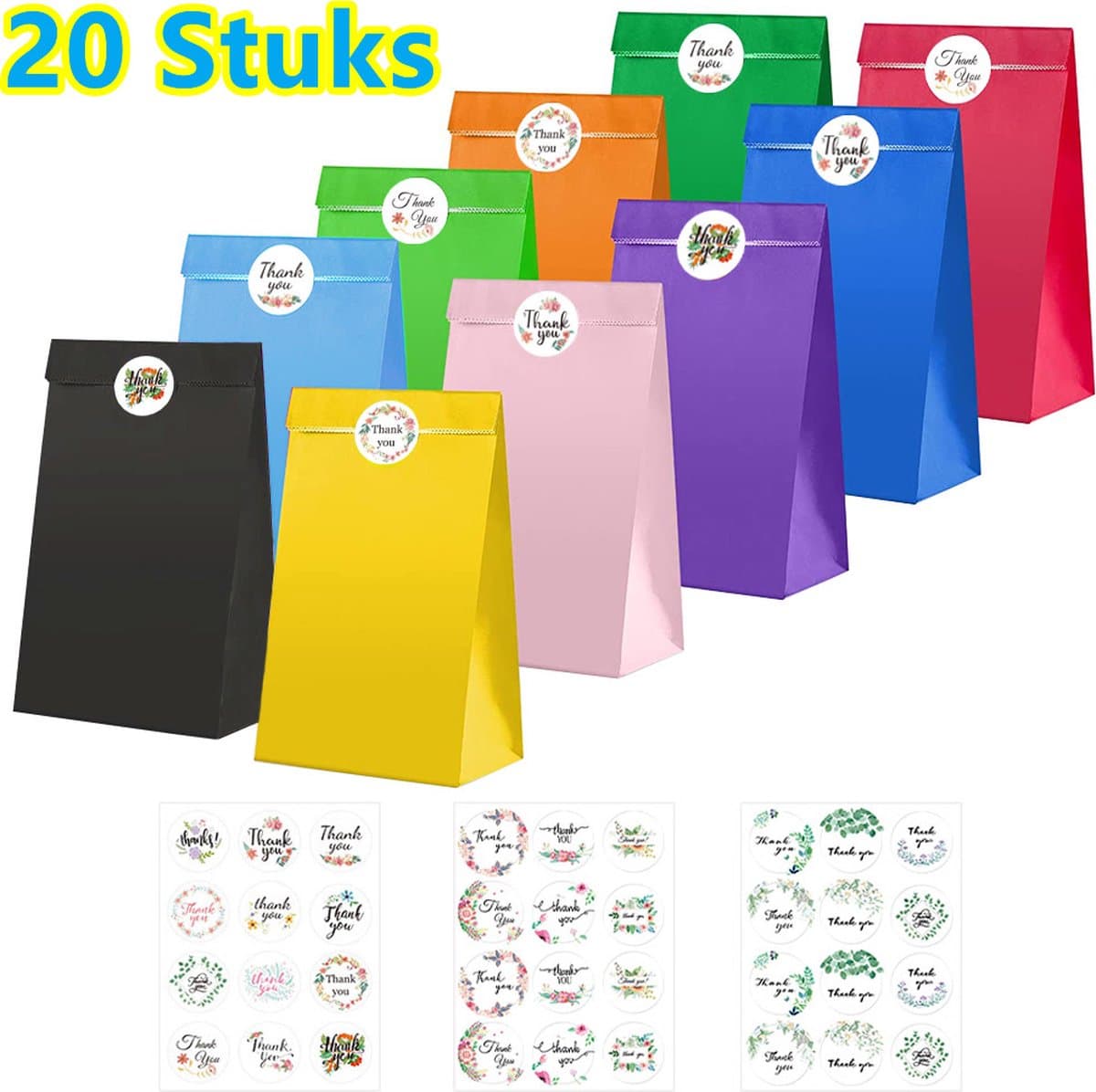 LIXIN Leuk Kleurrijk Kado Zakjes - 20 Stuks - 13x8x24cm - Cadeauzakjes - Cadeautasje - Papieren zakjes - Inpakzakjes - Sluitstickers - Stickers - Colorful Gift Bags (EAN: 8720707422135)
