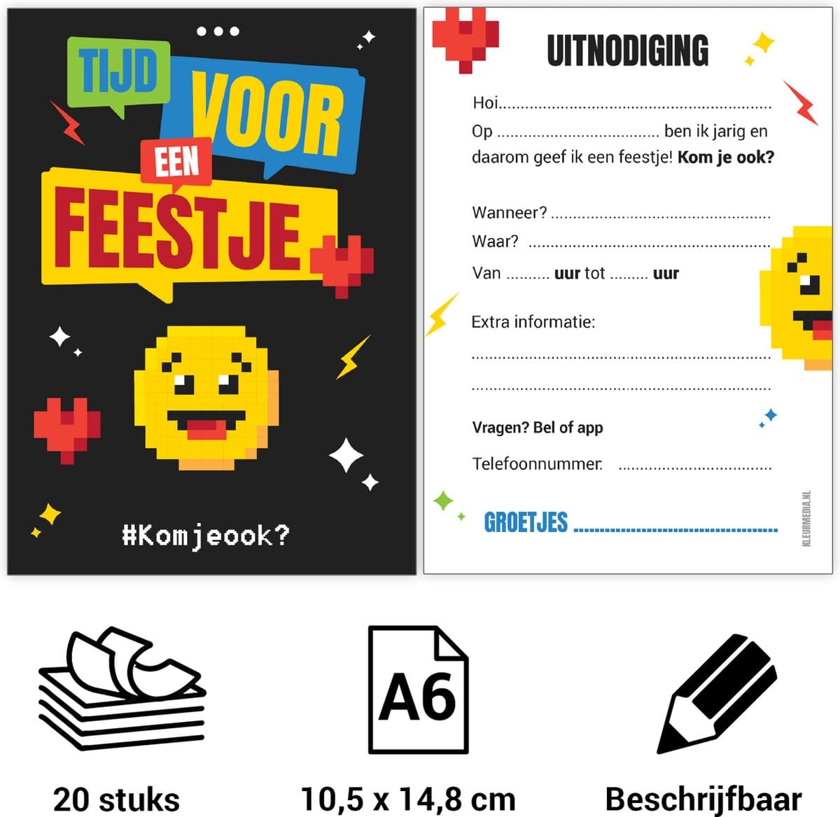 Uitnodiging kinderfeestje - Voordeelset 20 stuks - Thema Emoji - Beschrijfbaar - Uitnodigingskaarten - Uitnodiging verjaardag - uitnodiging verjaardag feest - Uitnodiging kinderfeestje Jongen of Meisje - Uitnodiging feestje - uitnodigingen (EAN: 8...