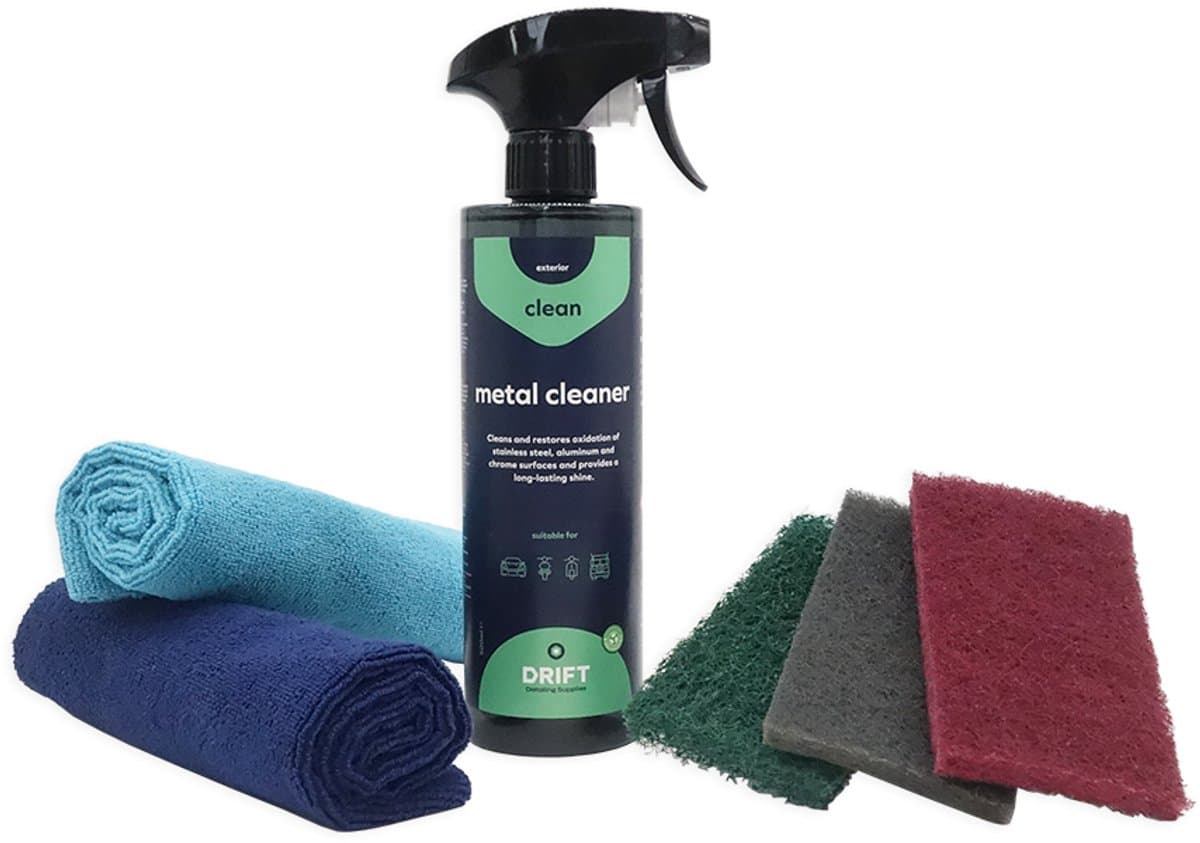 RVS Exhaust Kit – Uitlaat Reiniger Set voor Motorfiets / Motor Uitlaat – RVS & Metaal Poetsset met Metal Cleaner, Schuurpads en Microvezeldoeken – DRIFT Detailing Supplies (EAN: 6151116089084)