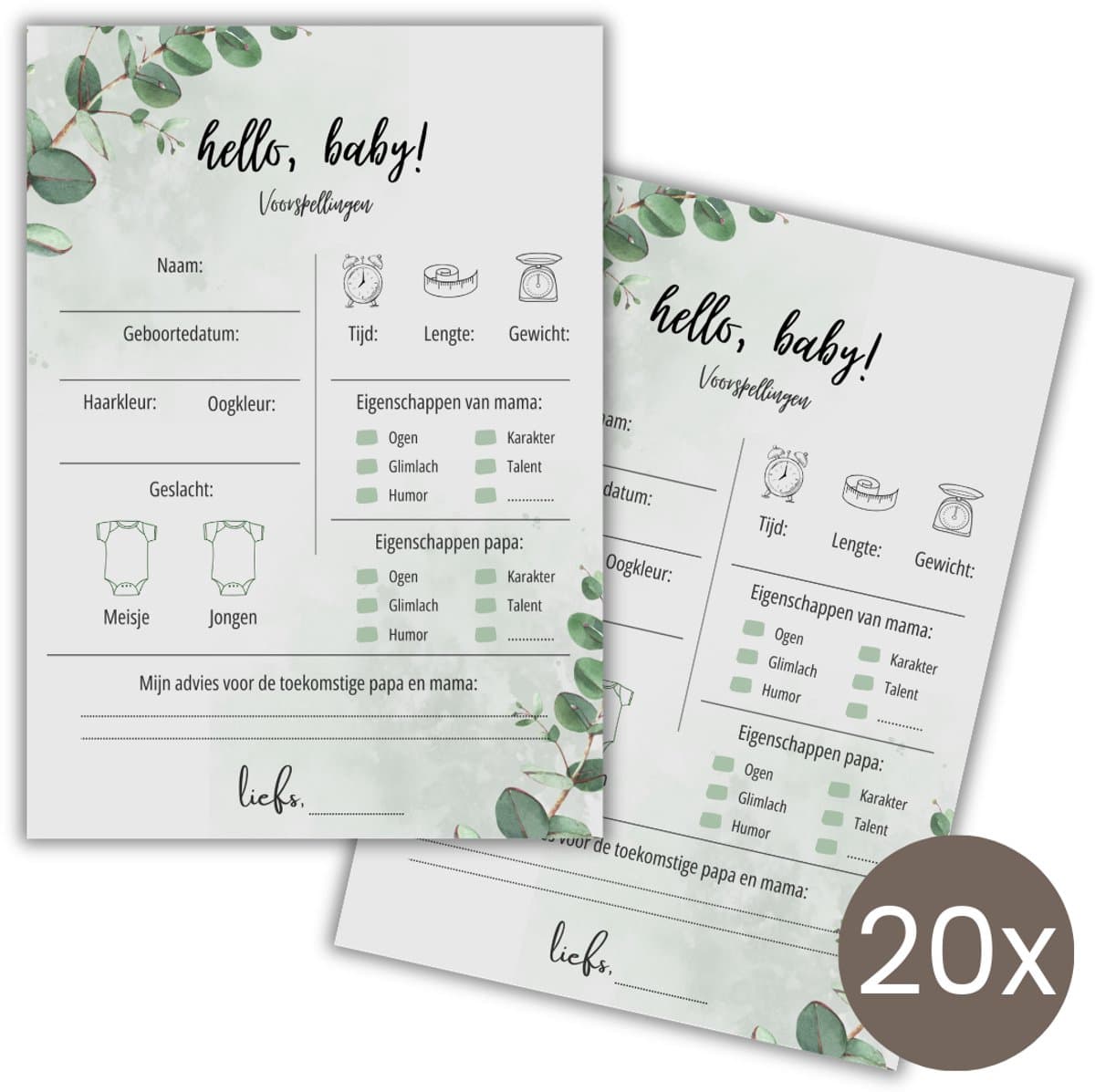 Babyshower Invulkaarten 20 stuks - Voorspellingskaarten - Babyshower Spelletjes - Jongen of Meisje - A6 - Groen (EAN: 8721161817222)