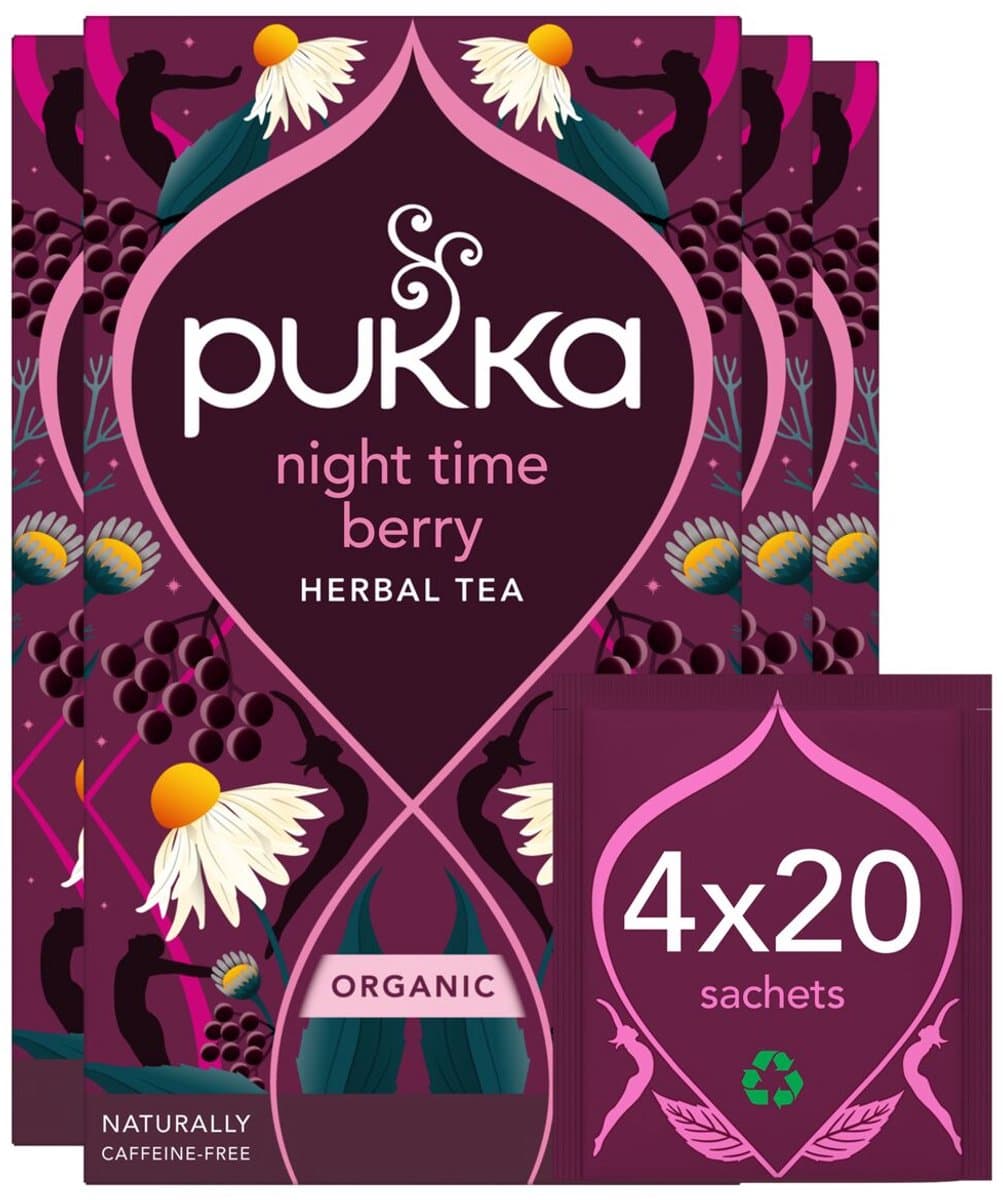 Pukka Tea Night Time Berry - 80 Theezakjes - Biologische Kruidenthee - Kamille, Braam, Zwarte Bes - 4 x 20 Zakjes - Thee Voordeelverpakking (EAN: 5063270111789)
