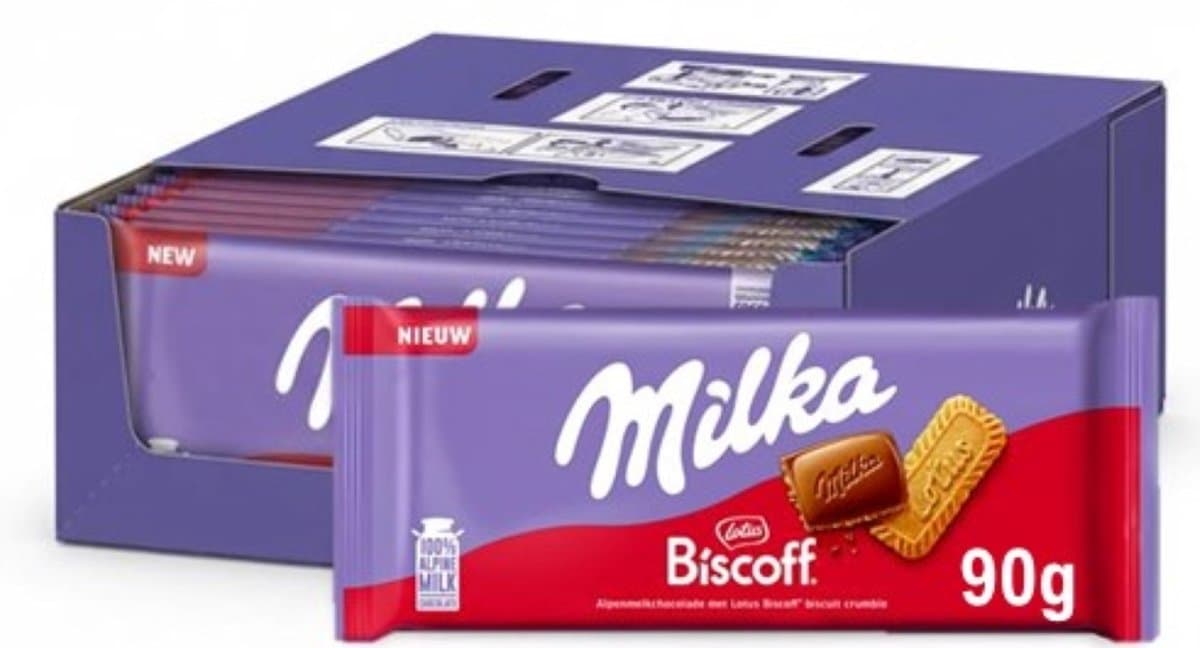 Milka Biscoff Chocoladereep 24 x 90 g - Chocoladerepen en Tabletten - Voorraad - Valentijn - Verjaardag Cadeau Vrouw of Man - Geschenkset voor Man en Vrouw (EAN: 7622202305214)