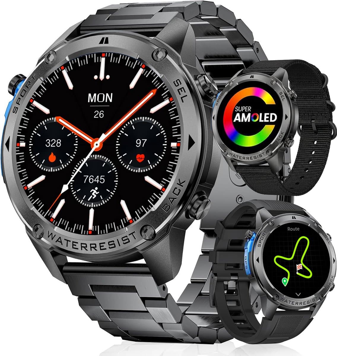 Synyq GPS Pro - GPS Smartwatch Heren - 51mm - AMOLED Scherm - 3 Bandjes - 5ATM Waterdicht - Belfunctie - 170+ Sportmodi - Stappenteller - Hartslag, Slaapmeter, SpO2 - Smartwatch Heren - Sport Horloge - IOS & Android (EAN: 8720707160945): Eerste in...