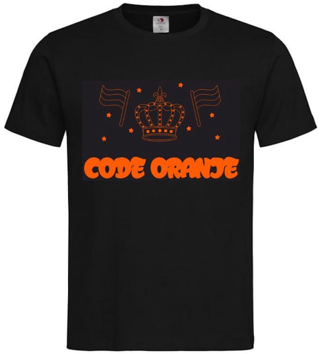 T-shirt Kinderen "CODE ORANJE" Op Voorkant EK Voetbal Europees Kampioen Kampioenschap Oranje Koning Koningsdag | korte mouw | Zwart/oranje | maat 158/164 (EAN: 6151038745754)