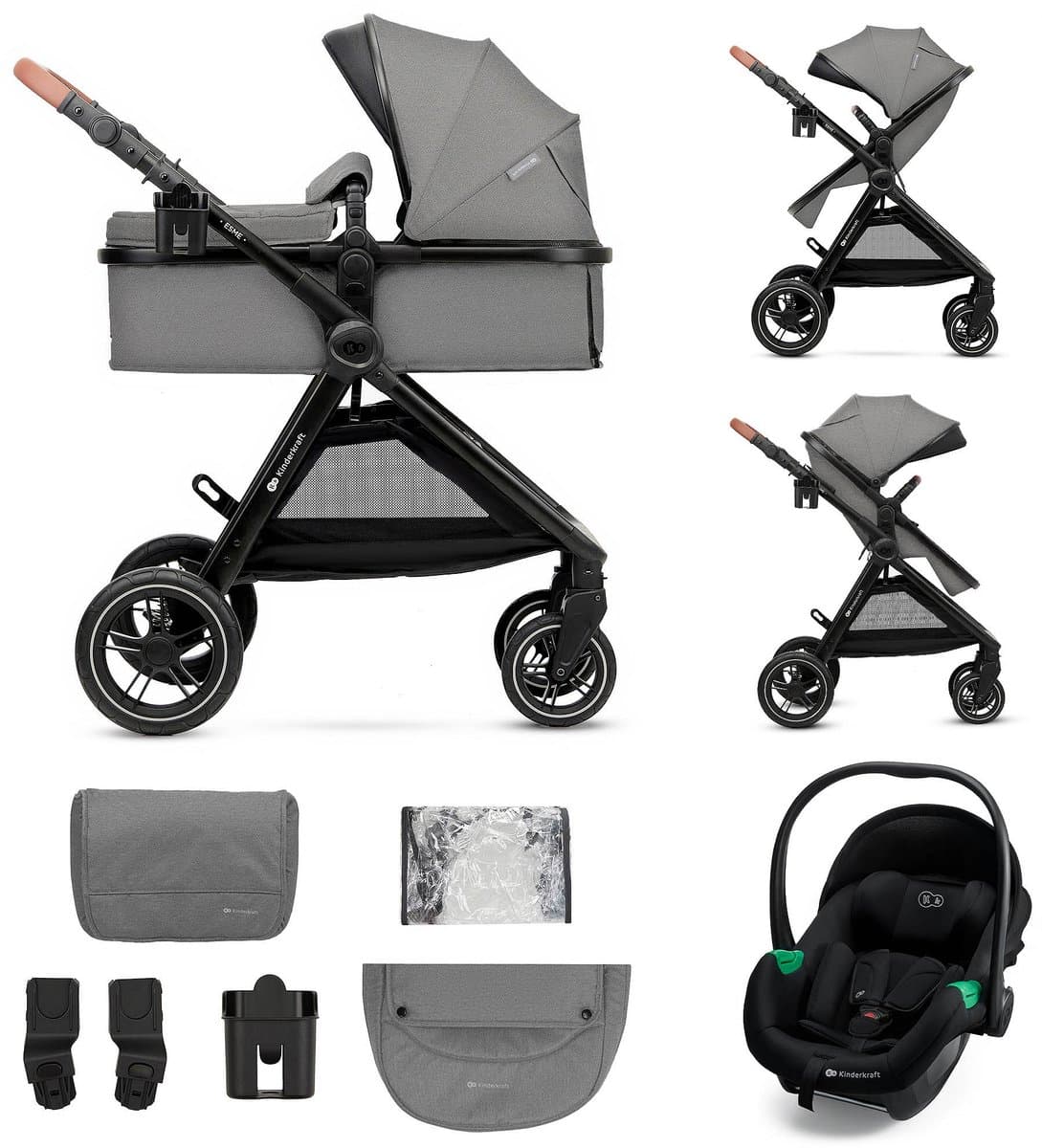 Kinderkraft ESME PRO 3-in-1 Kinderwagen – Beigekleurige multifunctionele combi met reiswieg, wandelwagen en autostoel - Grijs (EAN: 5902533929344): Eén frame, duizend mogelijkheden ✨