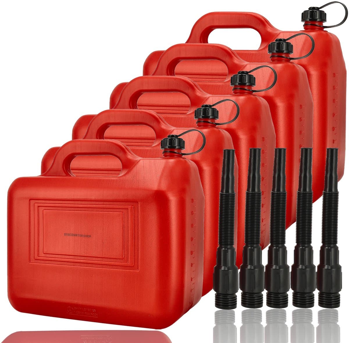 Jerrycan 20 Liter Rood – Set van 5 – UN-Gekeurde Brandstof Jerrycans voor Benzine en Diesel – Kunststof Benzinetank met Lange Schenktuit, Trechter en Vulslang – Lekvrije Jerrycan 100 L Totaal – Voor Auto, Boot, Camper en Grasmaaier (EAN: 872057268...