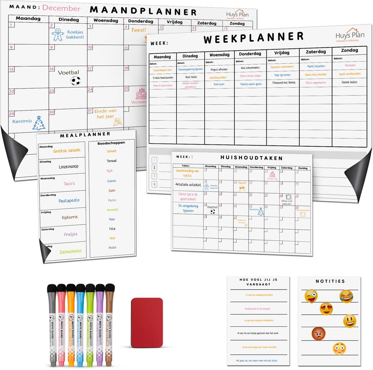 Huysplan Maandplanner & Weekplanner Whiteboard – Familieplanner - Magnetisch Planbord - Inclusief Meal Planner, Notities, Stiften & Wisser – A3 Formaat (EAN: 8720299738157)