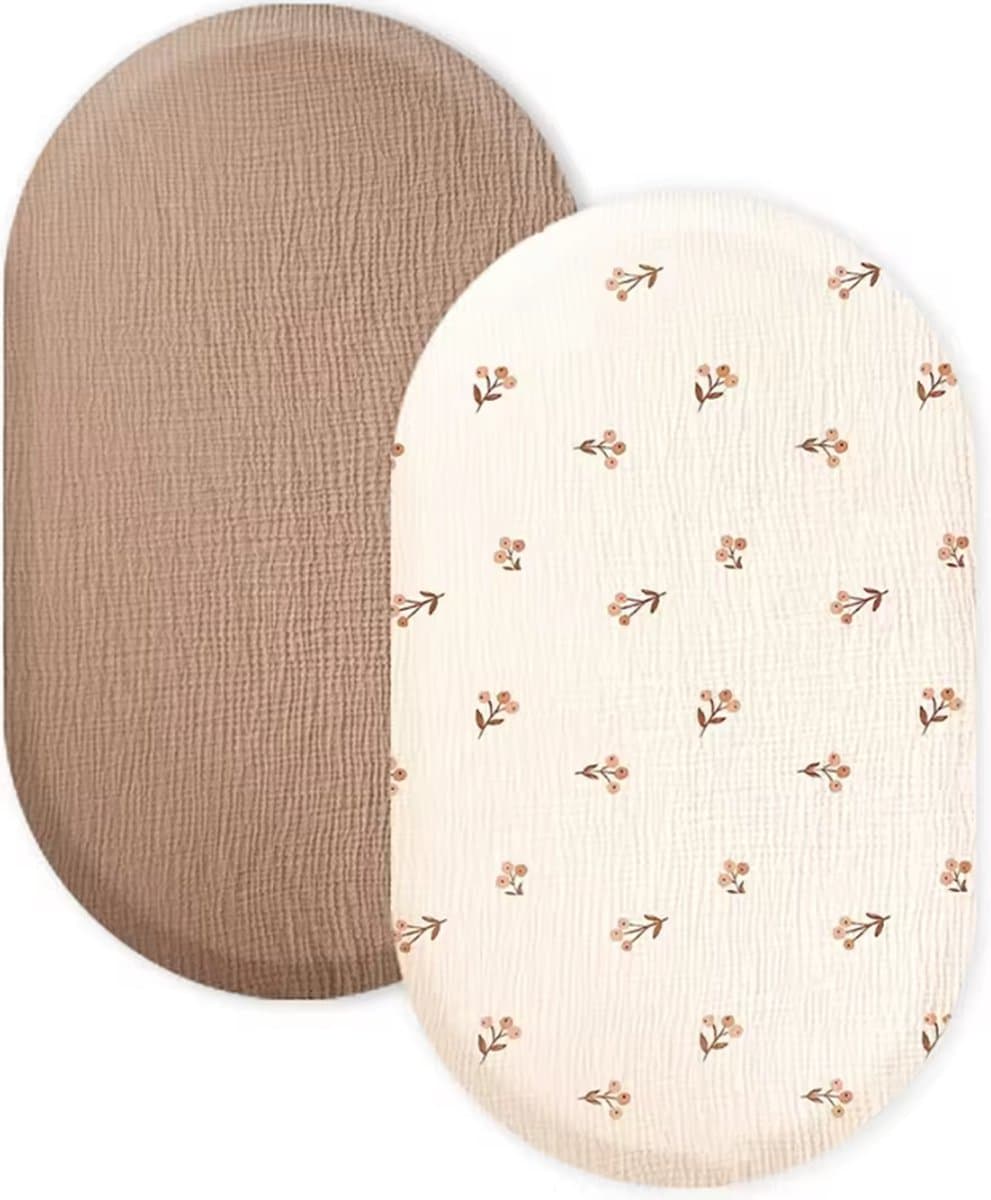 2 Stuks - Hydrofiele Baby Hoeslaken Wieg - Kinderwagen matras - Beige en Crème Bloemetjes - 80x40 cm - Aankleedkussenhoes (EAN: 8721042720658)