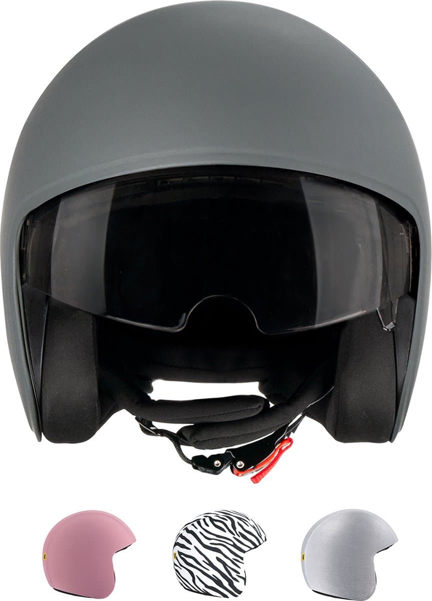 TOF BASE HELM 1.0 - Geschikt voor verwisselbare TOF SKIN - Scooter helm - Brommer helm - Motor helm - Jethelm - Fashionhelm - Retro helm - Goedgekeurde helm - Geïntegreerd zonnevizier (EAN: 8720865663012)