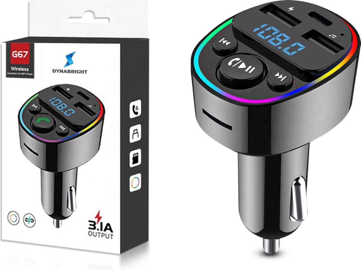 DynaBright FM Transmitter V1 – USB Lader - Handsfree Bellen Auto - Bluetooth Transmitter – Autolader – Carkit - MP3 - Auto accessoires - USB-C Snellader (EAN: 8720618199423): De Oplossing DynaBright FM Transmitter V1