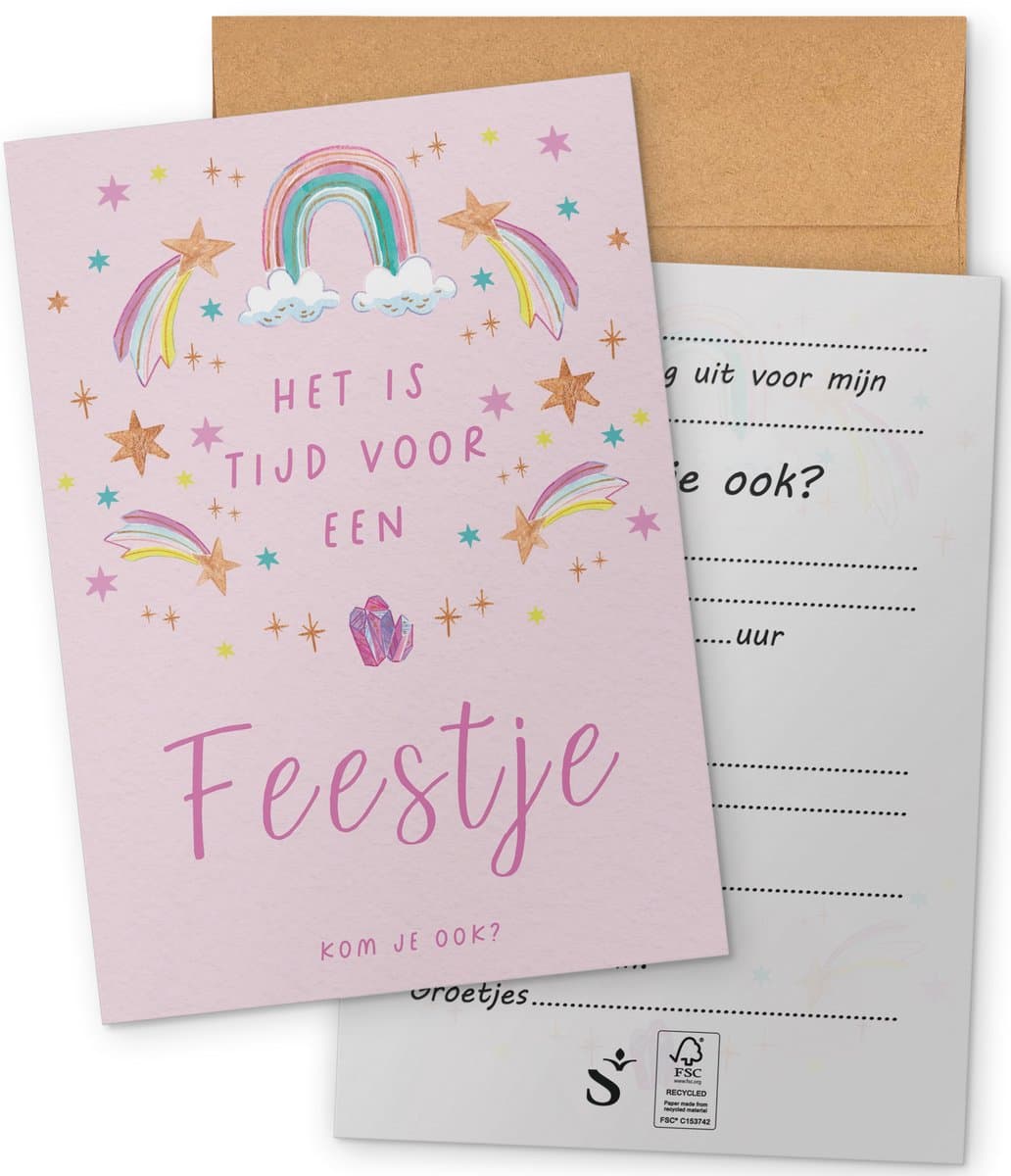 Systemyze 15x Uitnodiging Kinderfeestje Meisje – Uitnodigingskaarten Verjaardag – Thema Regenboog – A6 Formaat (EAN: 8721302360228)
