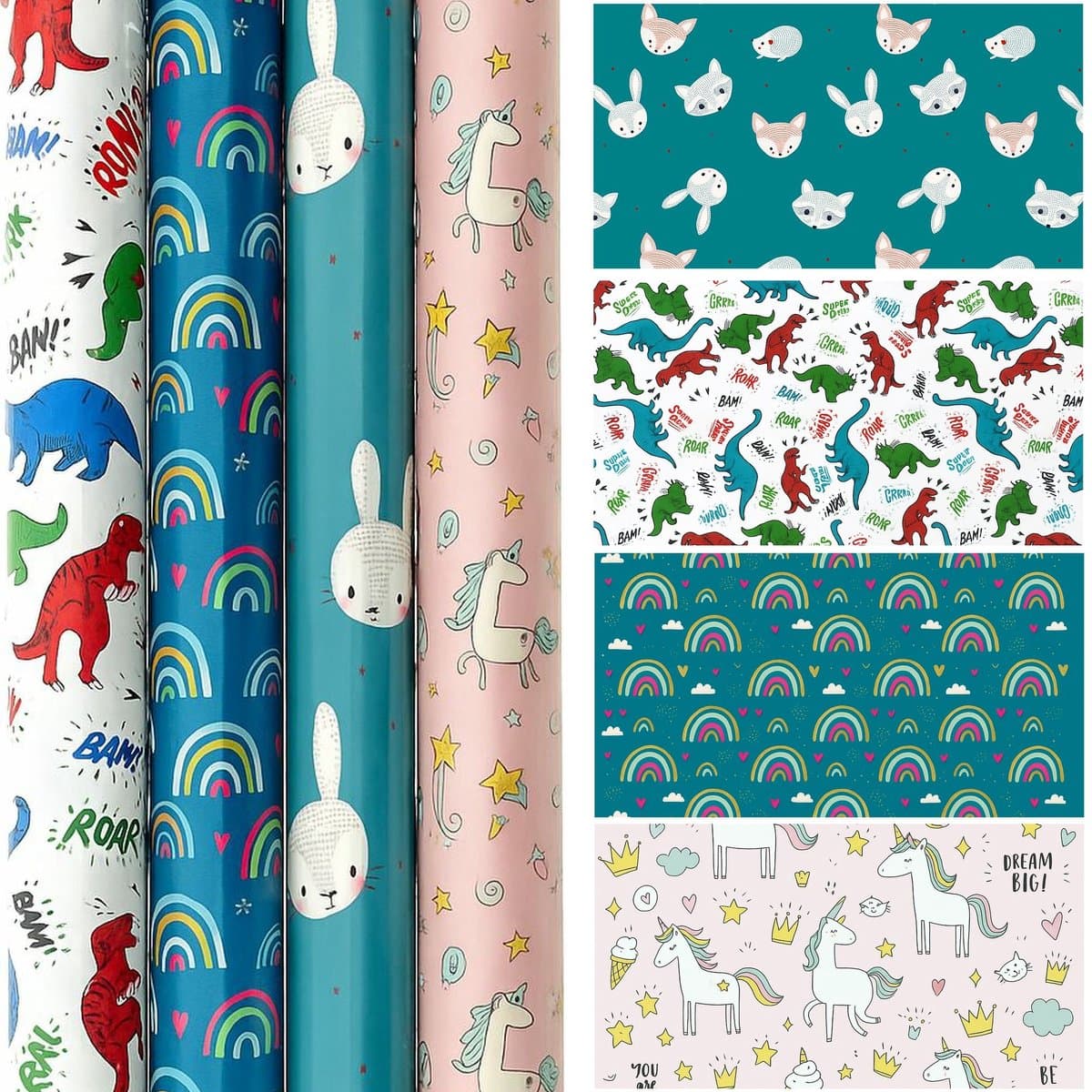 Baby & Kinder Cadeaupapier – Set van 4 Rollen – 70 x 150 cm – Stevig 80 gsm – Vrolijke Designs – Dieren, Dino, Regenboog & Unicorn (EAN: 8718998059079)