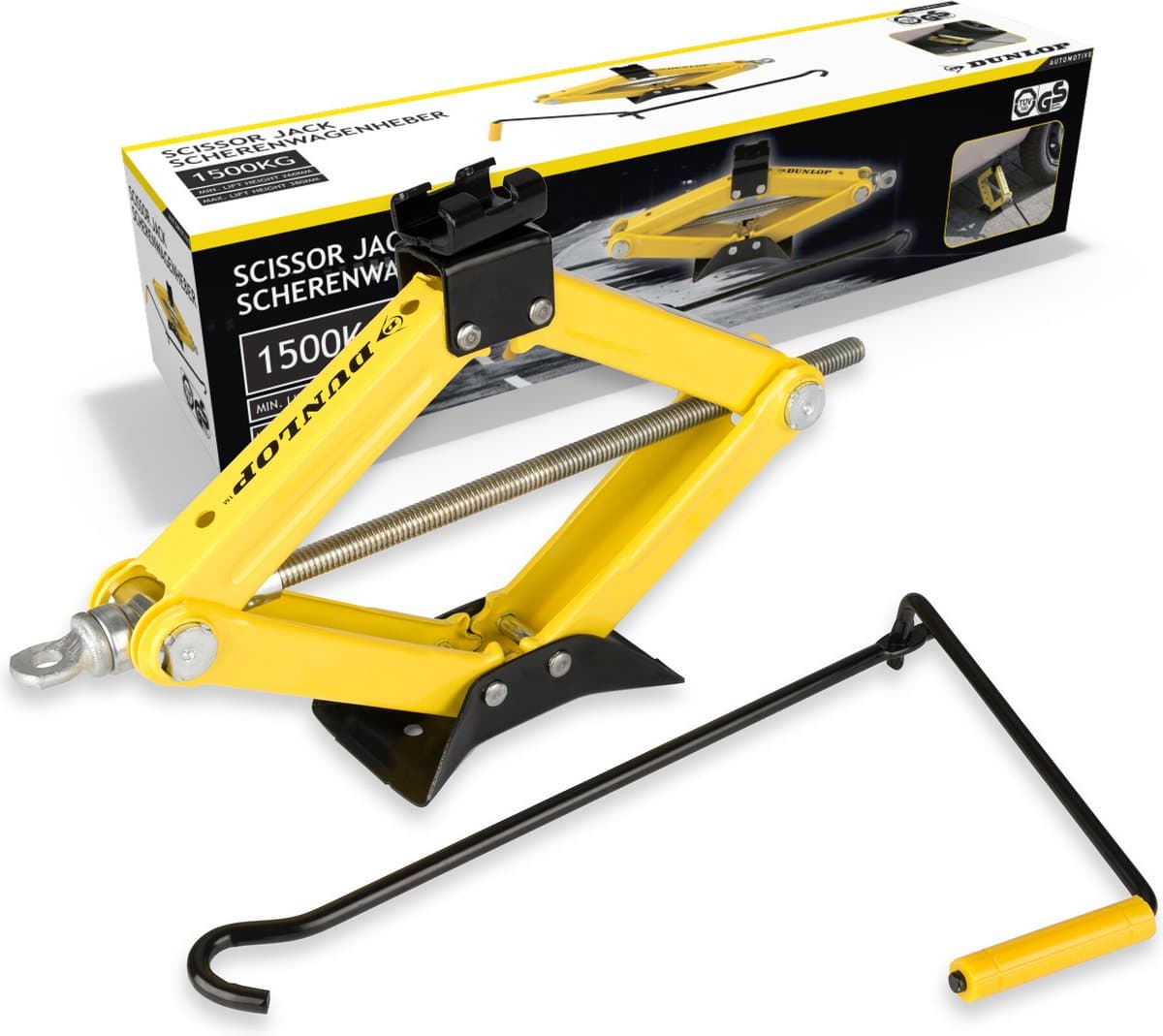 Dunlop Autokrik Mechanisch - Auto Krik met 1500KG Hefvermogen - Schaarkrik met Lifthoogte 26-38 cm - Metaal - Geel/ Zwart (EAN: 8711252417905)