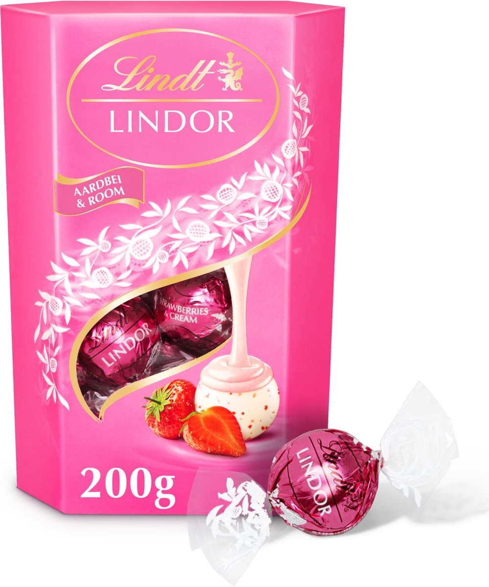 Lindt LINDOR Aardbei & Room witte chocolade bonbons 200 gram - 16 zacht smeltende chocolade bonbons - Moederdag Cadeau (EAN: 8003340093475)