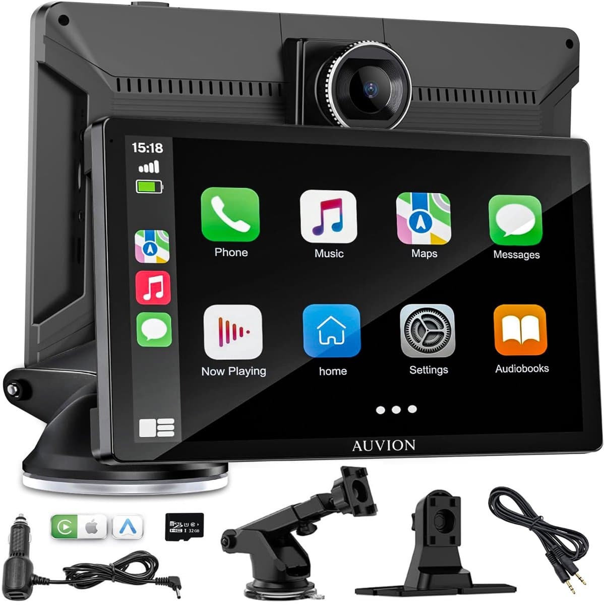 Auvion® Geschikt voor CarPlay Scherm 9 Inch - Ingebouwde Dashcam - Geschikt voor Apple CarPlay & Android Auto - Draadloos Touchscreen - Navigatiesysteem Auto - Universeel - AUX - FM - Bluetooth - Zwart (EAN: 8720892883704): Een scherm dat bijna al...