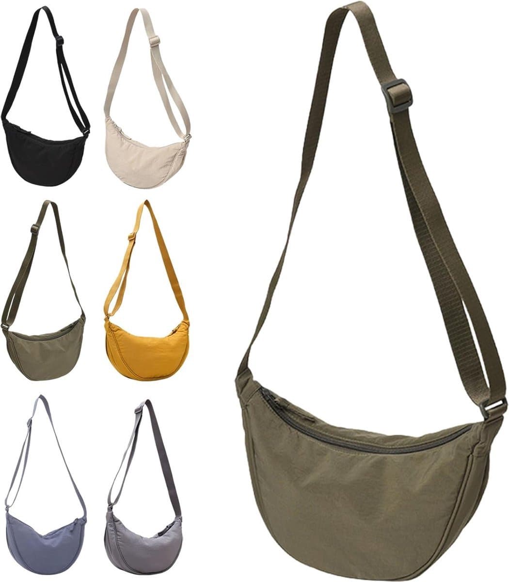Crossbody Bag voor dames, - olijfgroen - groen - halve maan tas, nylon, sling bag, buiktas, stijlvolle halfmoon crossbody tas, schoudertas dames, kleine brede riem (EAN: 4800437534156): **De Halfmaan in Actie Stijl Die Sprekend Maakt**