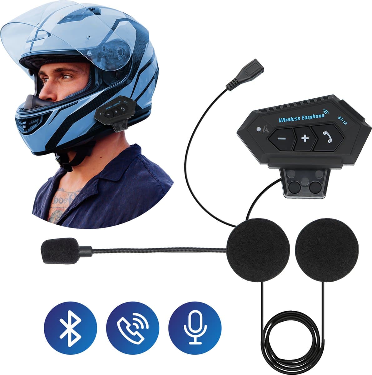 Draadloze Bluetooth headset voor motorhelm - waterdicht - met microfoon (EAN: 8720938961113)