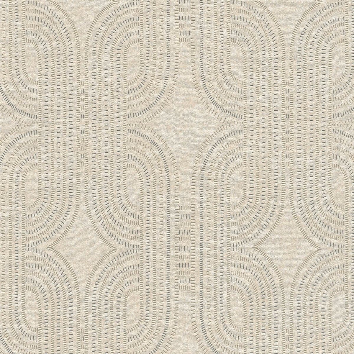 Retro behang Profhome 399371-GU vliesbehang licht gestructureerd met grafisch patroon en metalen accenten beige grijs 5,33 m2 (EAN: 4255740708389): Een vleugje retro met een moderne twist