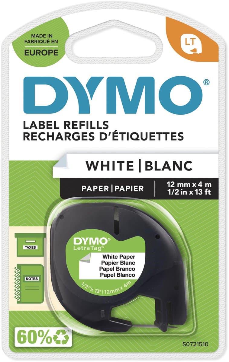 DYMO LetraTag originele papieren labels | Zwart afdrukken op witte etiketten | 12 mm x 4 m | Zelfklevende multifunctionele labels voor LetraTag labelprinters | gemaakt in Europa (EAN: 5411313912006)